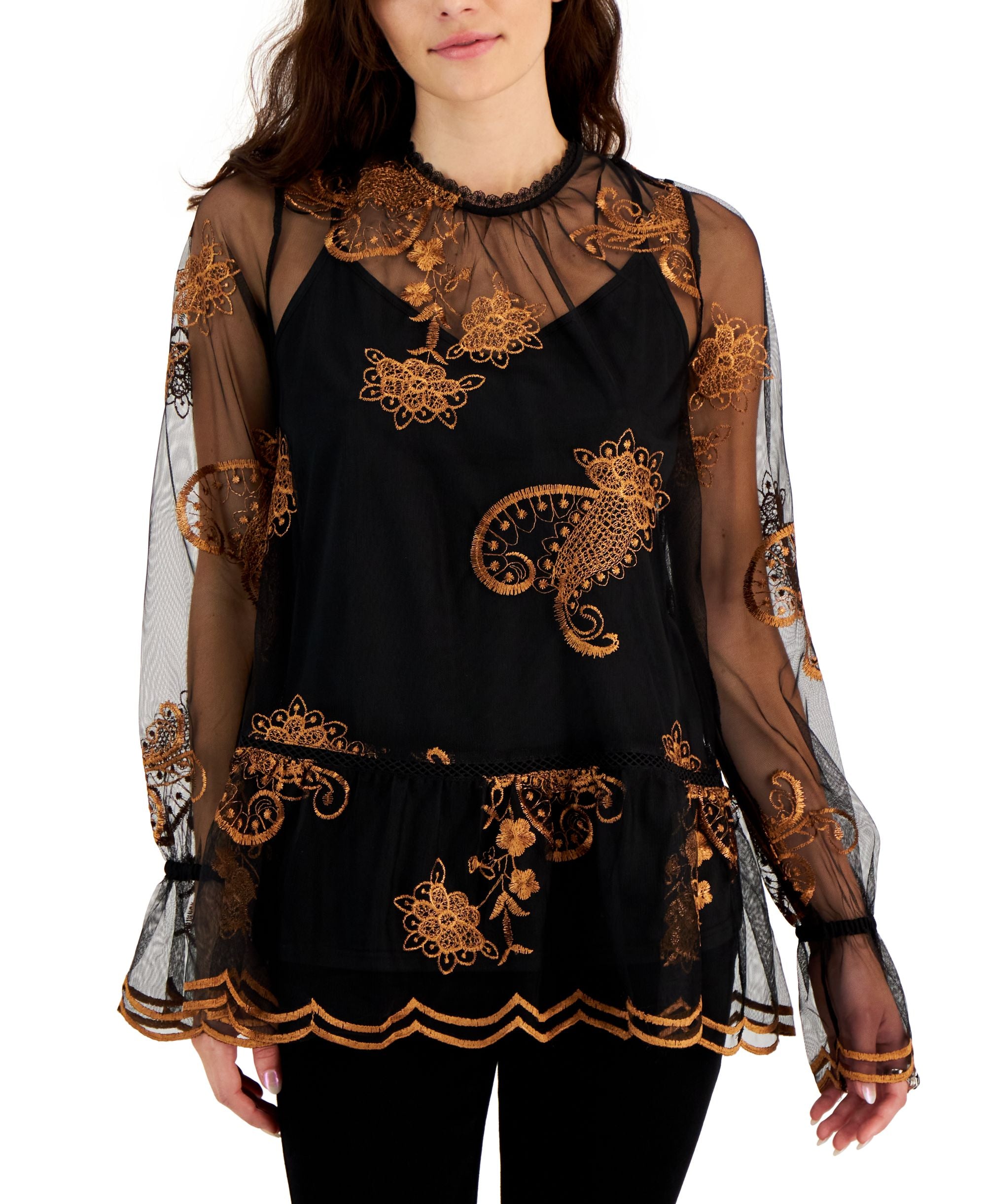 Fever Womens Printed Embroidered Mesh Long Sleeve Top