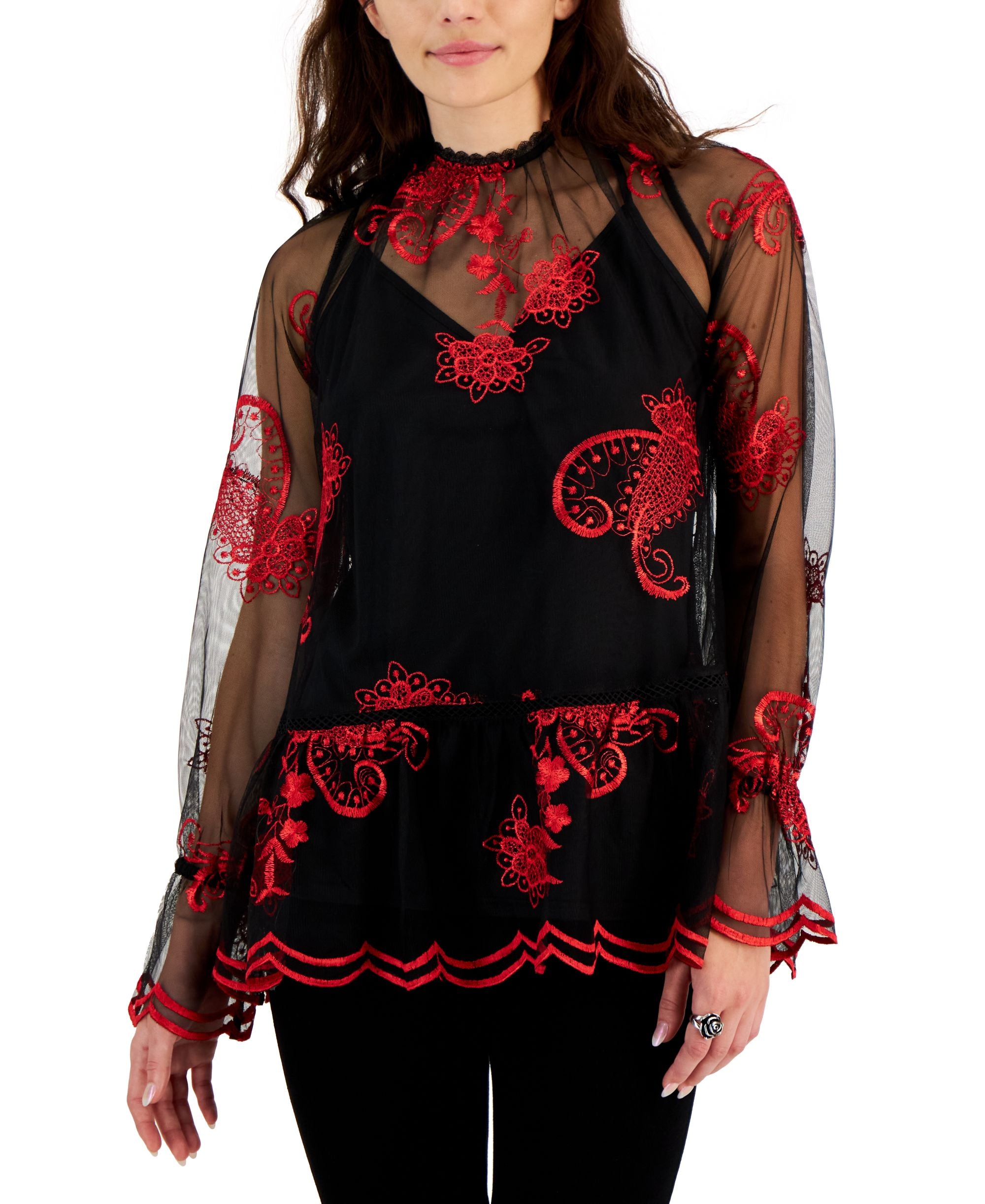 Fever Womens Printed Embroidered Mesh Long Sleeve Top