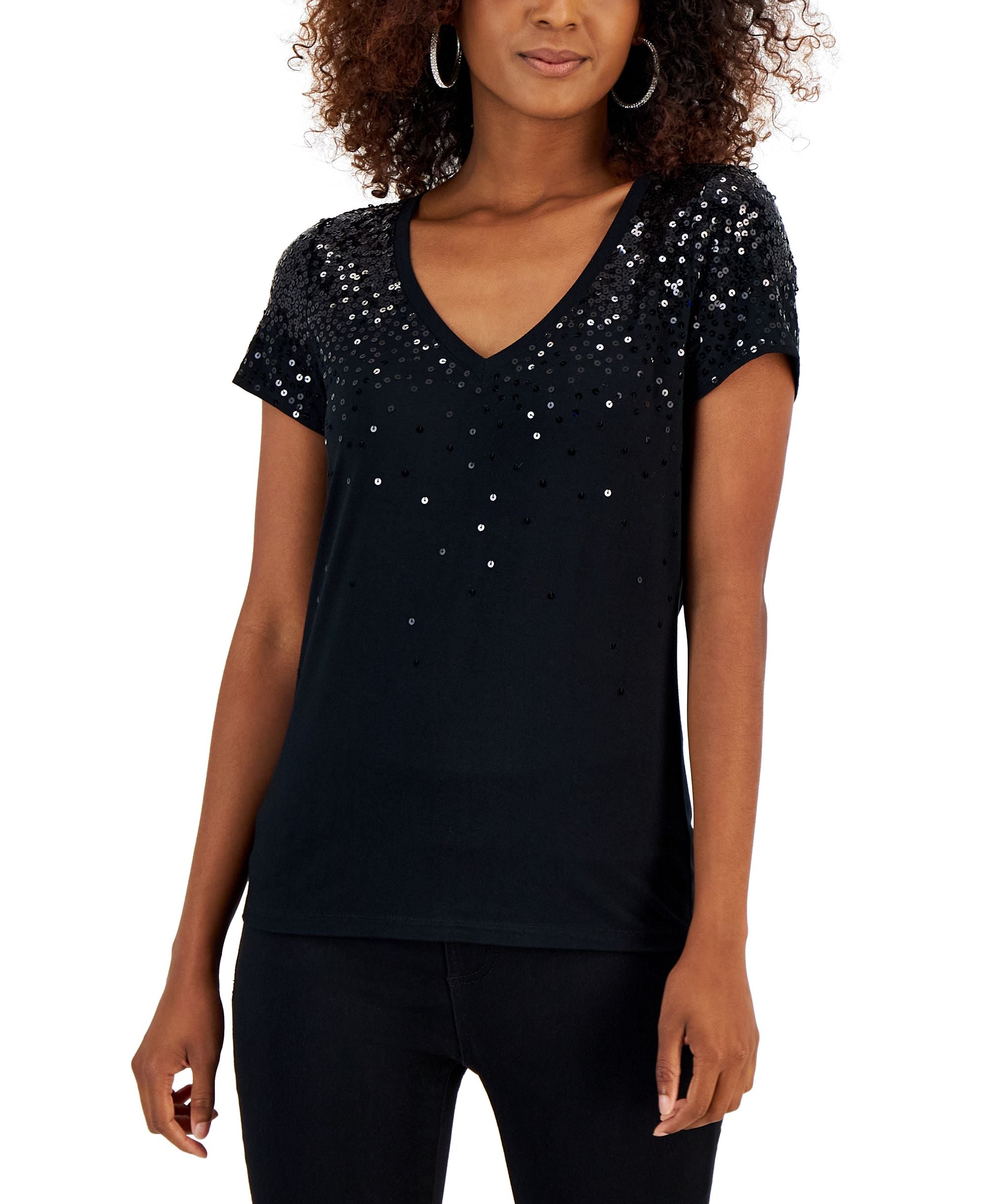 International Concepts Womens Sequined V Neck Top