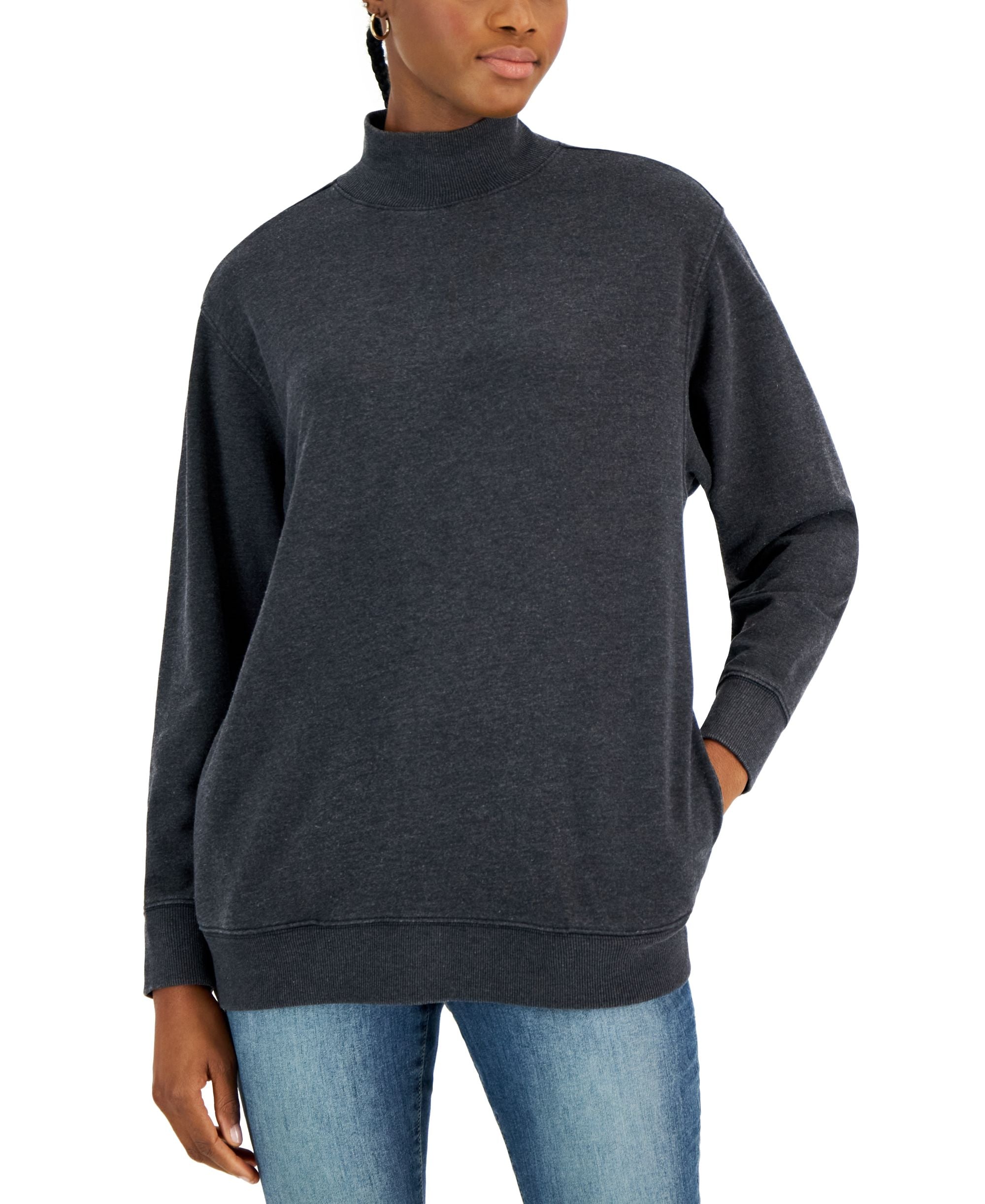 Petite Mock-Neck Ribbed-Edge Sweatshirt