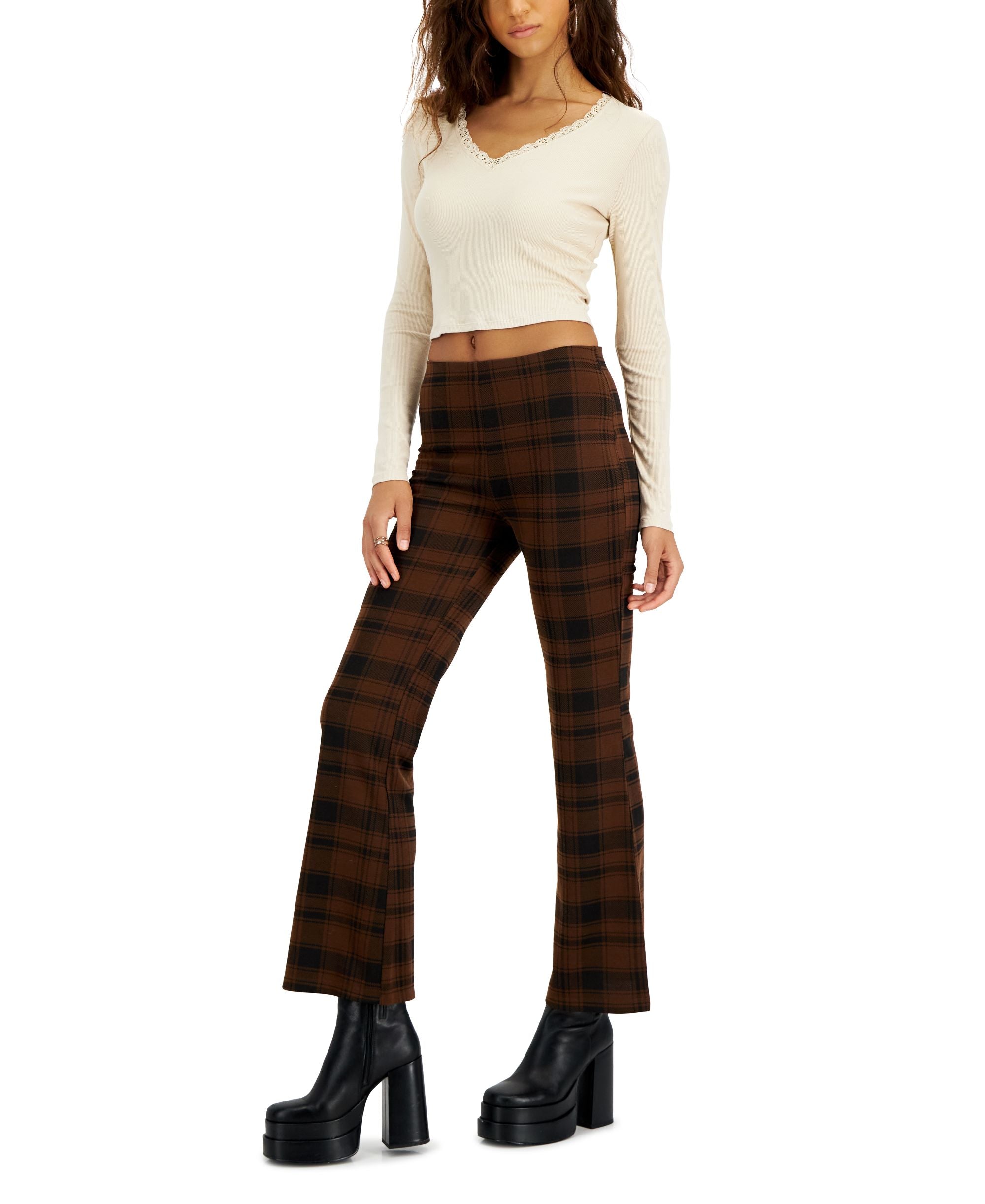 Juniors' Plaid Jacquard Flared-Leg Pants