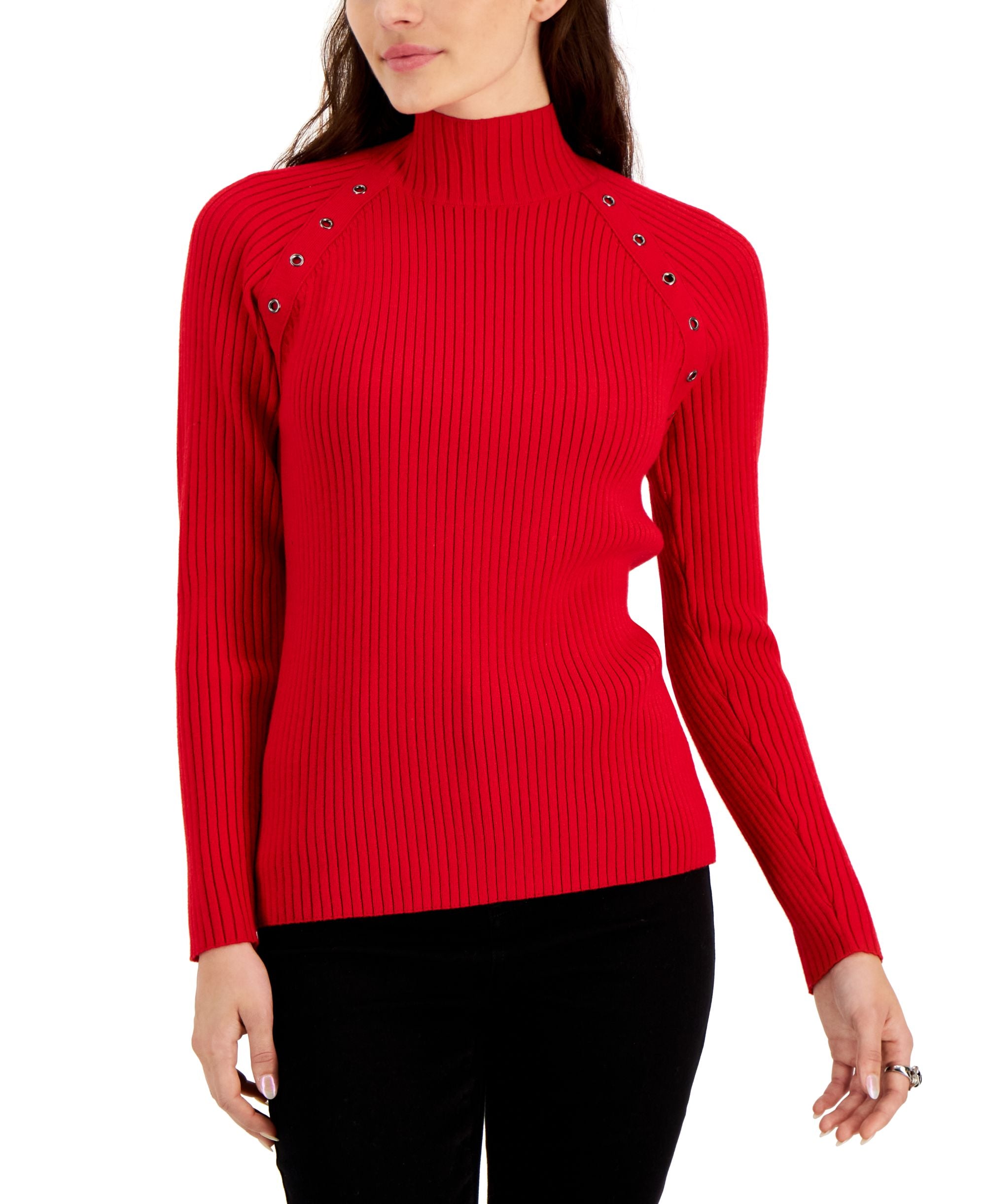 Fever Womens Mock Neck Ribbed Grommet Trim Sweater