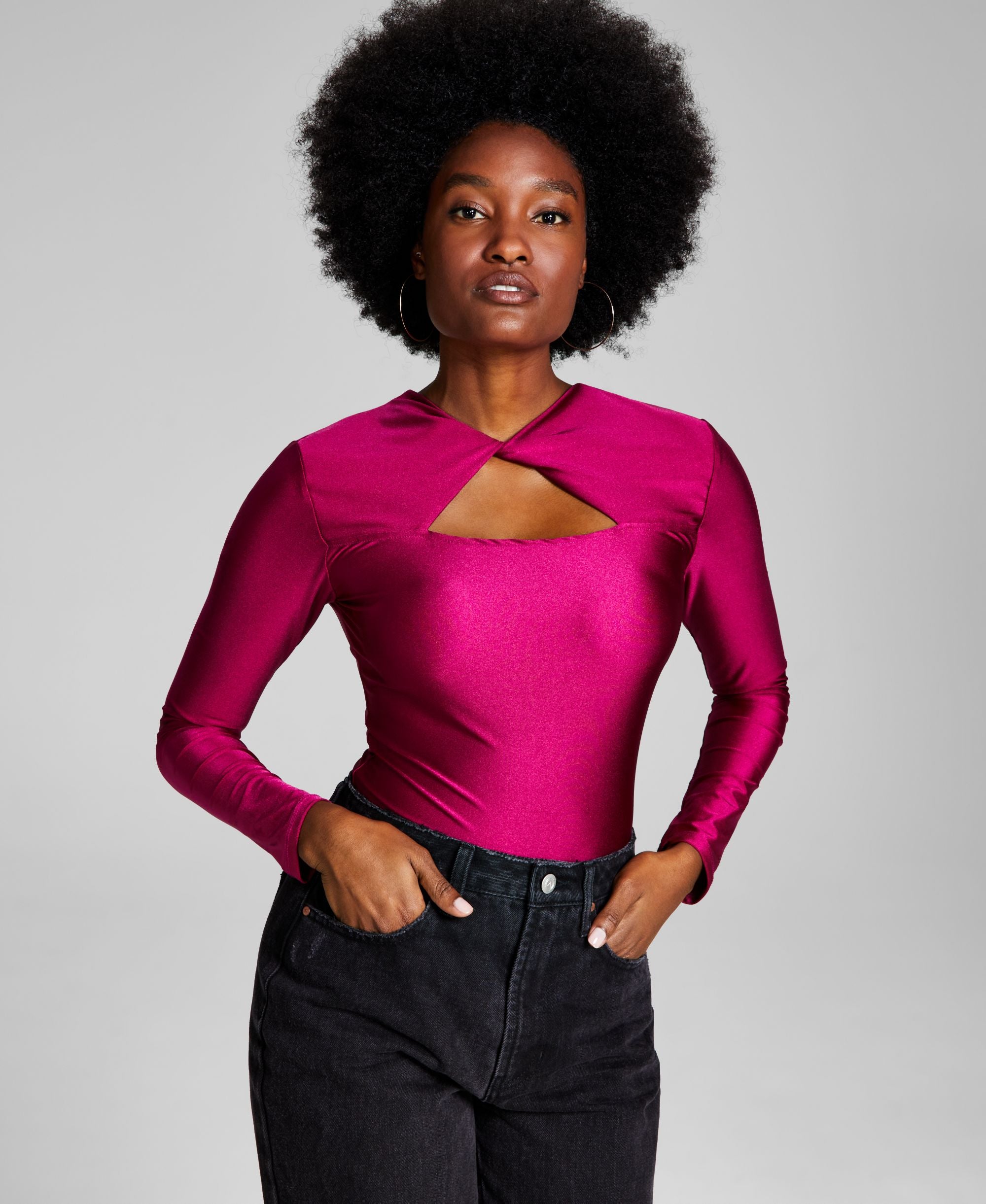 Women's Shiny Twisted Long Sleeve Thong Bodysuit