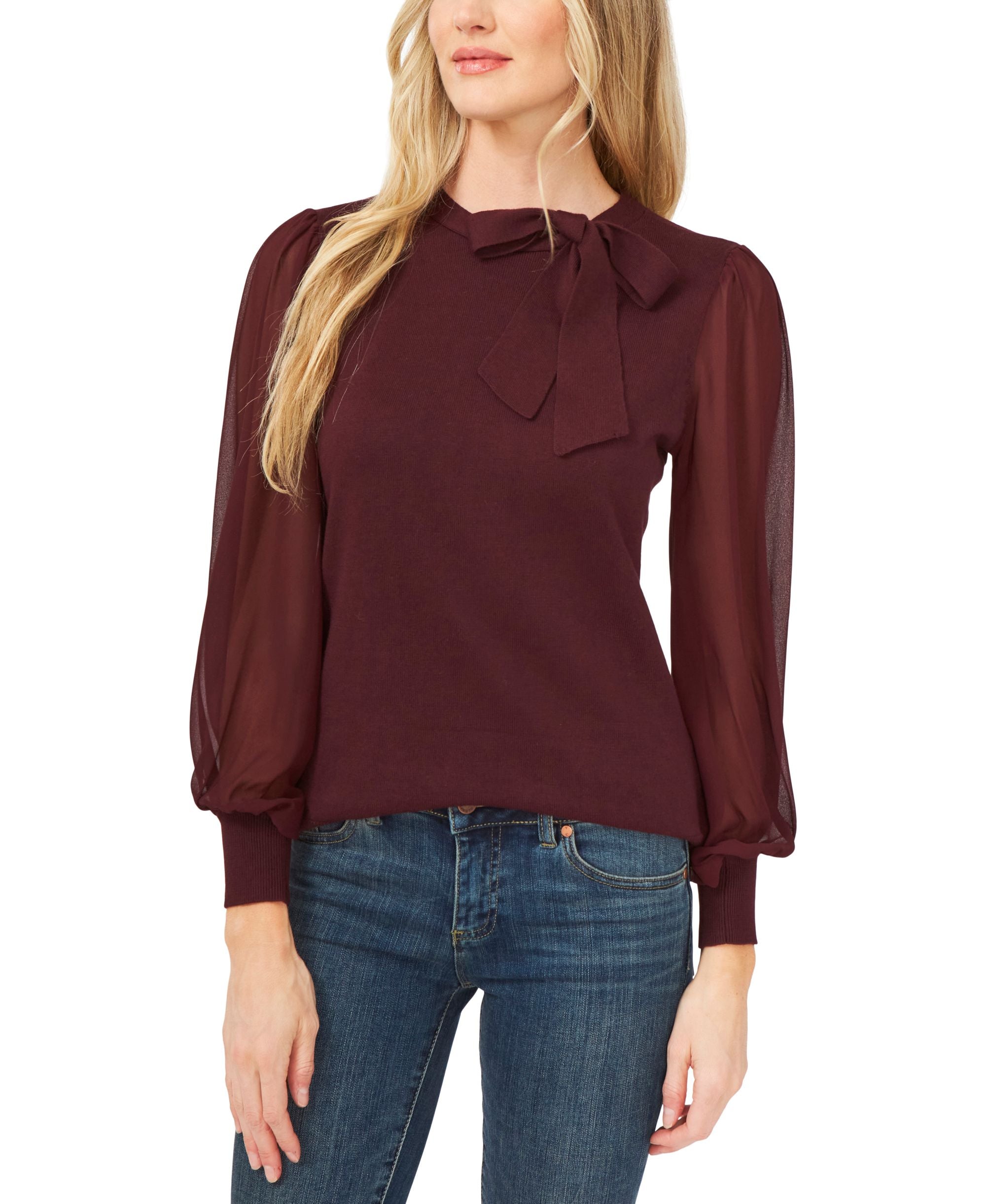 Women's Bow Neck Mixed Media Sheer Long Sleeve Sweater