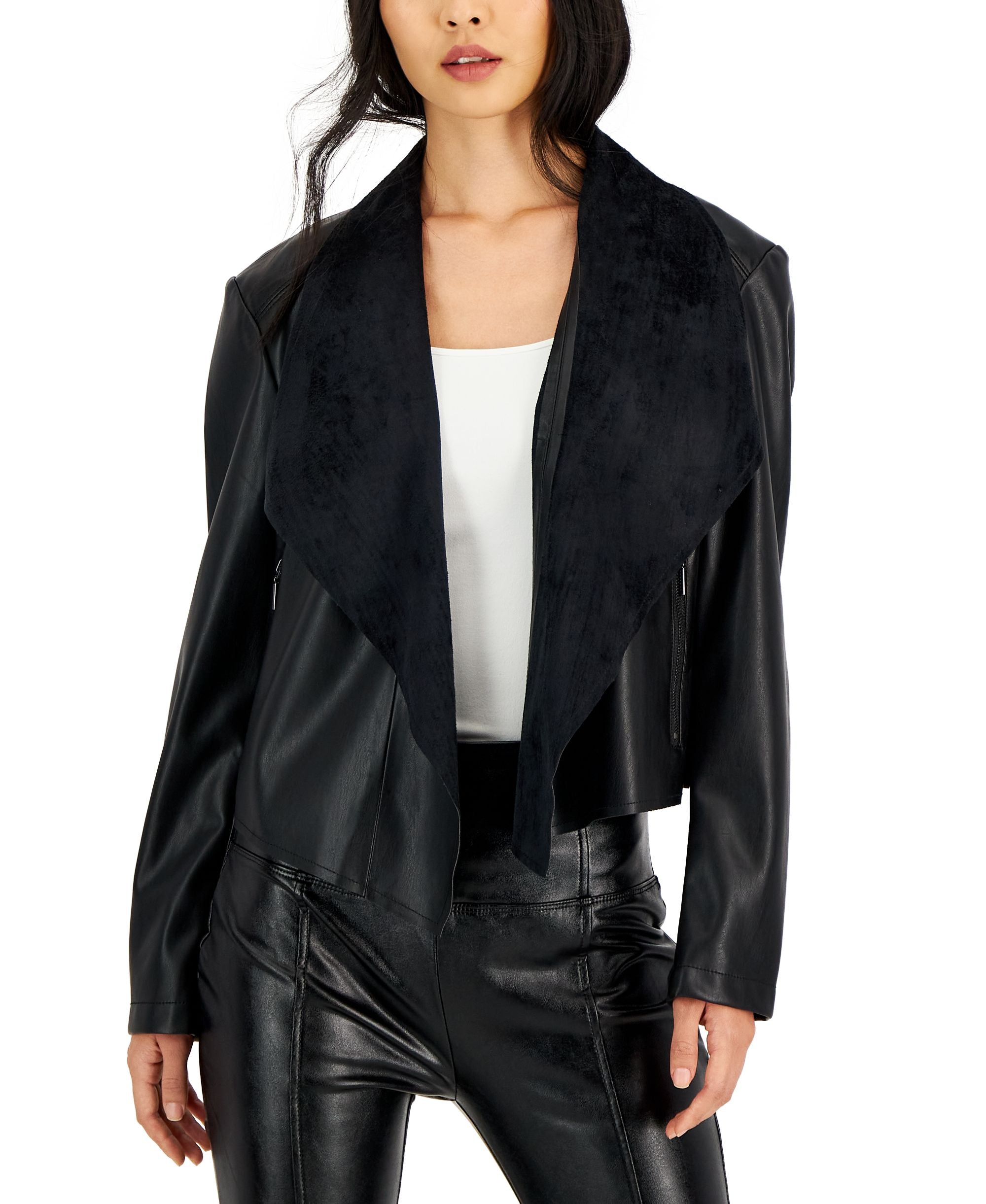 Petite Faux-Leather Flyaway-Collar Jacket