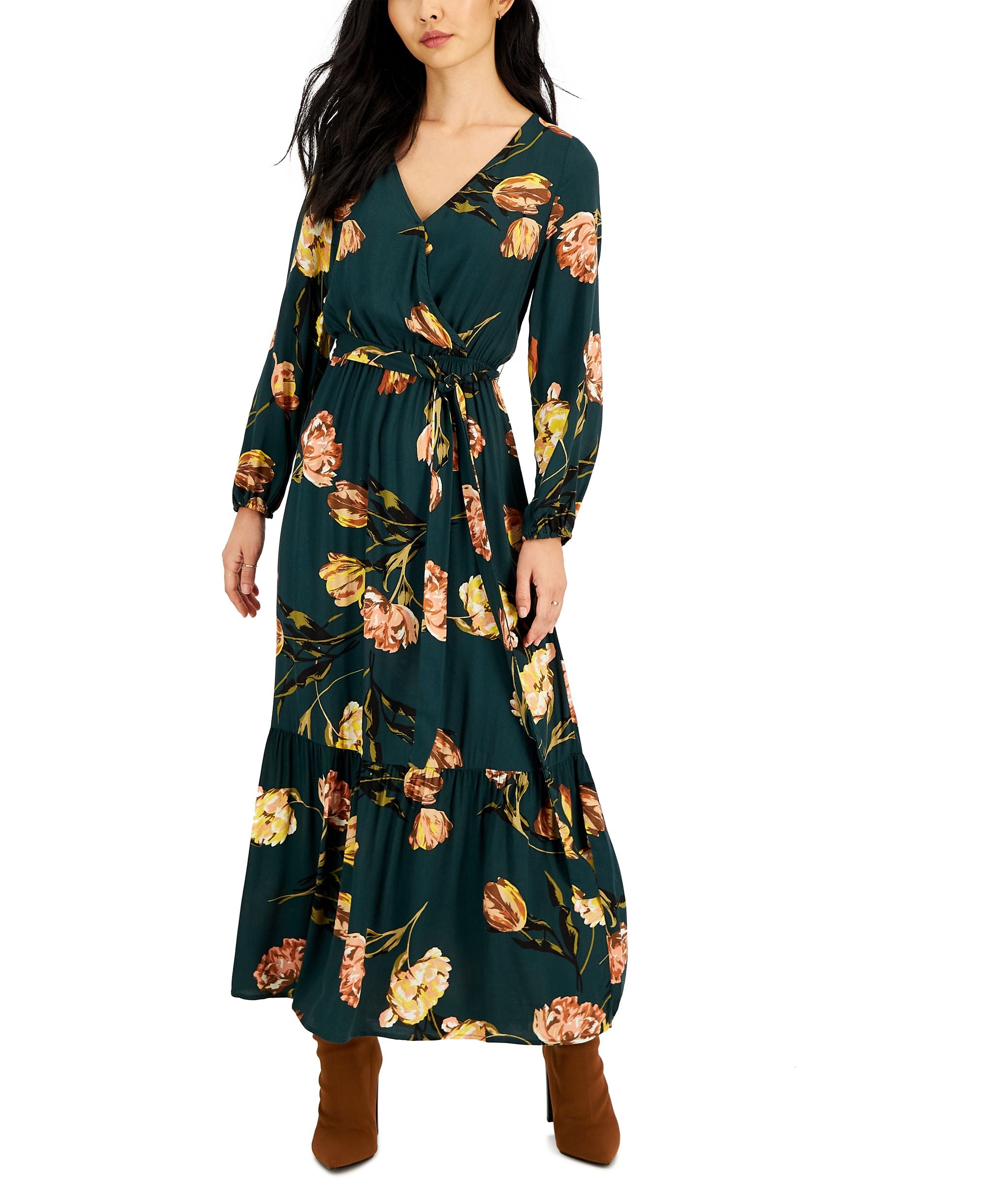Tinsel Petite Tiered Tie Waist Surplice Neck Dress