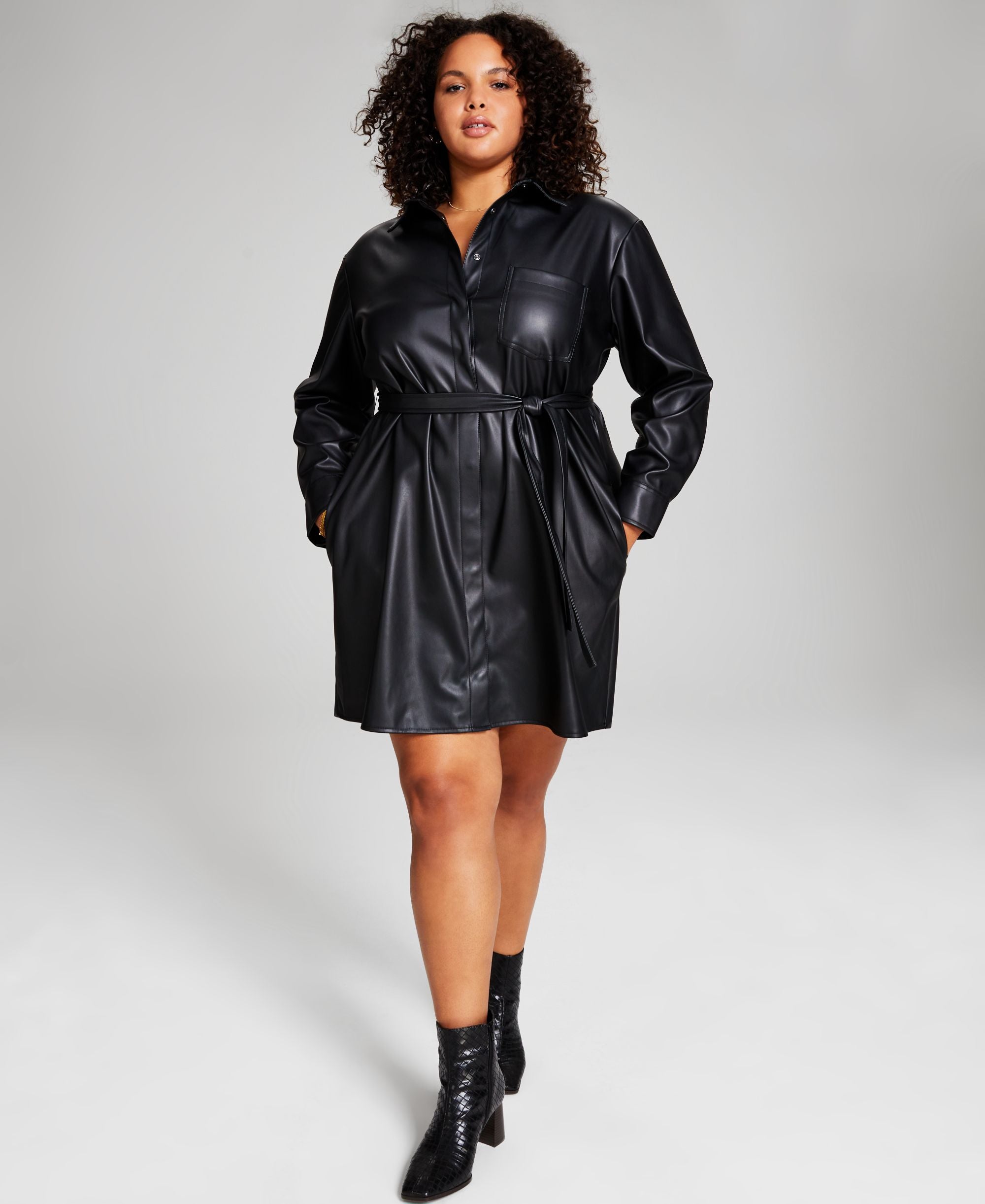 Trendy Plus Size Faux-Leather Shirt Dress