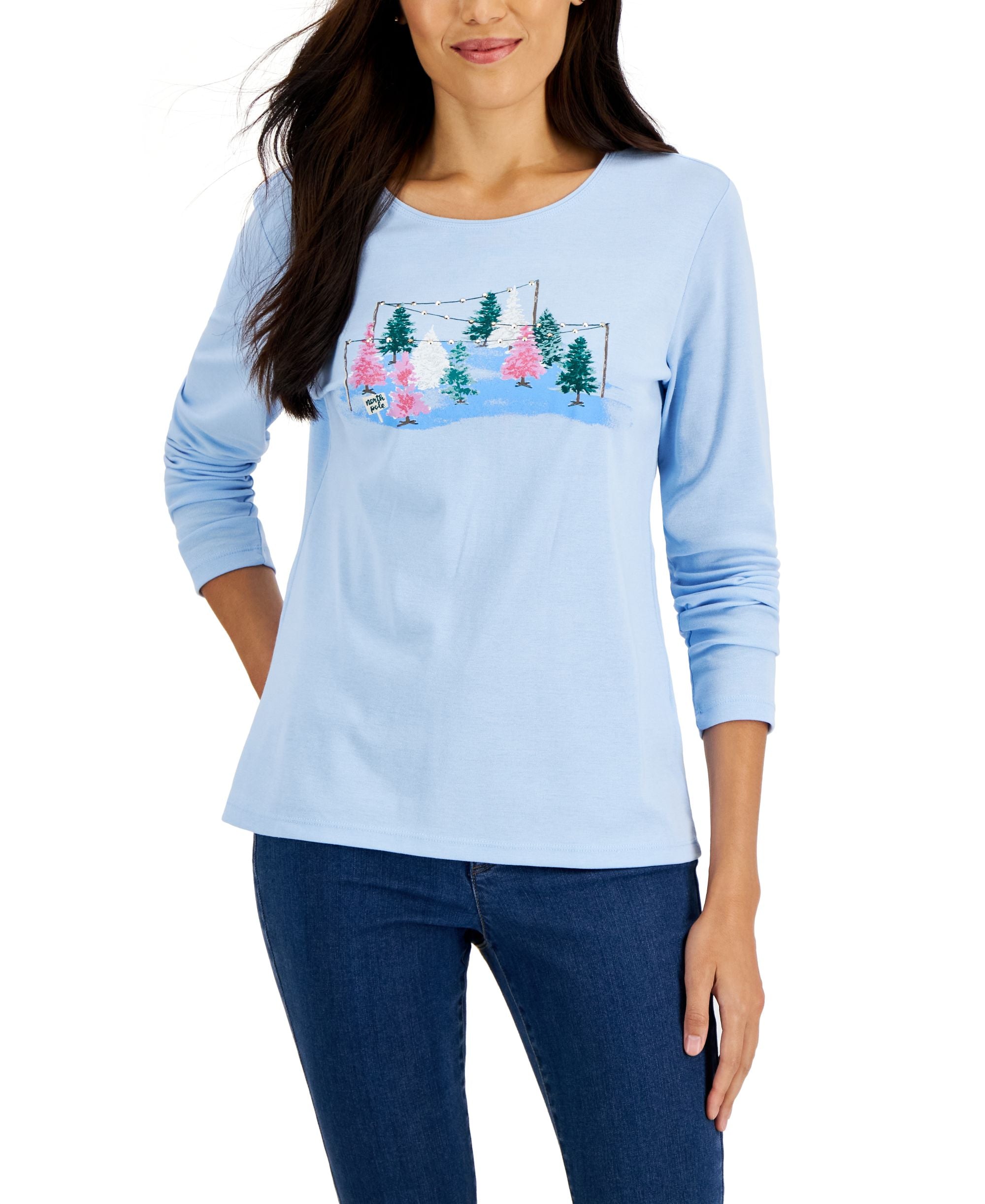 Karen Scott Womens Long Sleeve Holiday Tree Lot Top