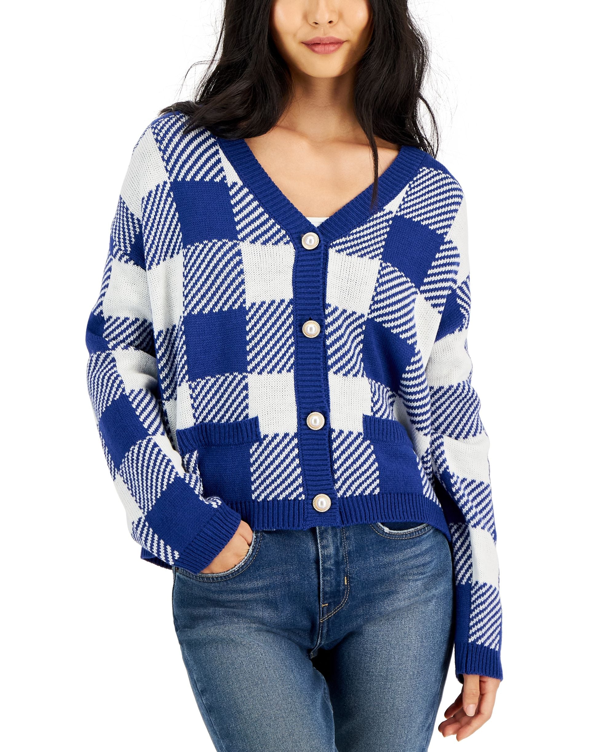 Petite Plaid-Print Button-Front Cardigan