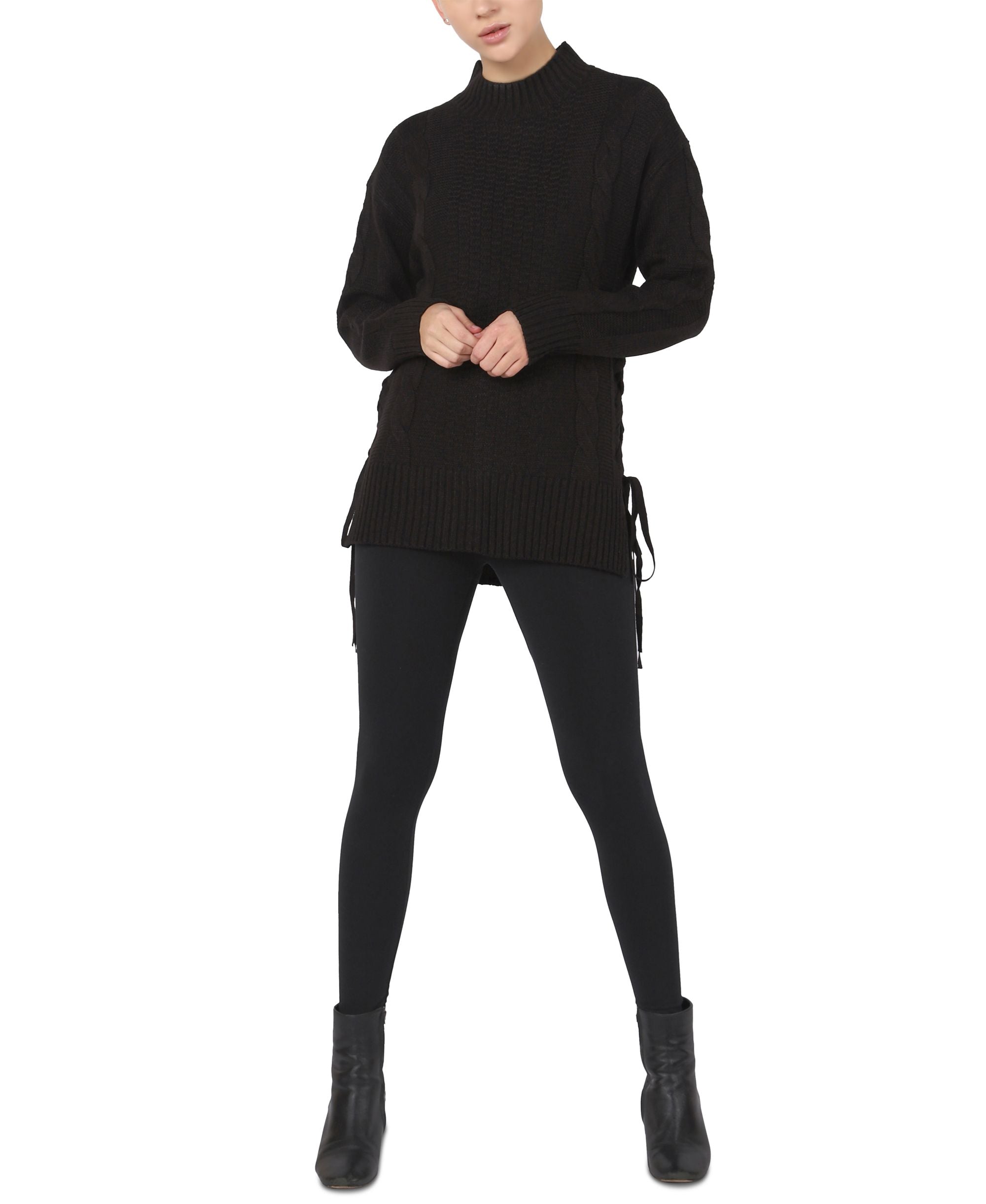 Black Tape Womens Long Sleeve Laced Up Side Cable Tunic Sweater