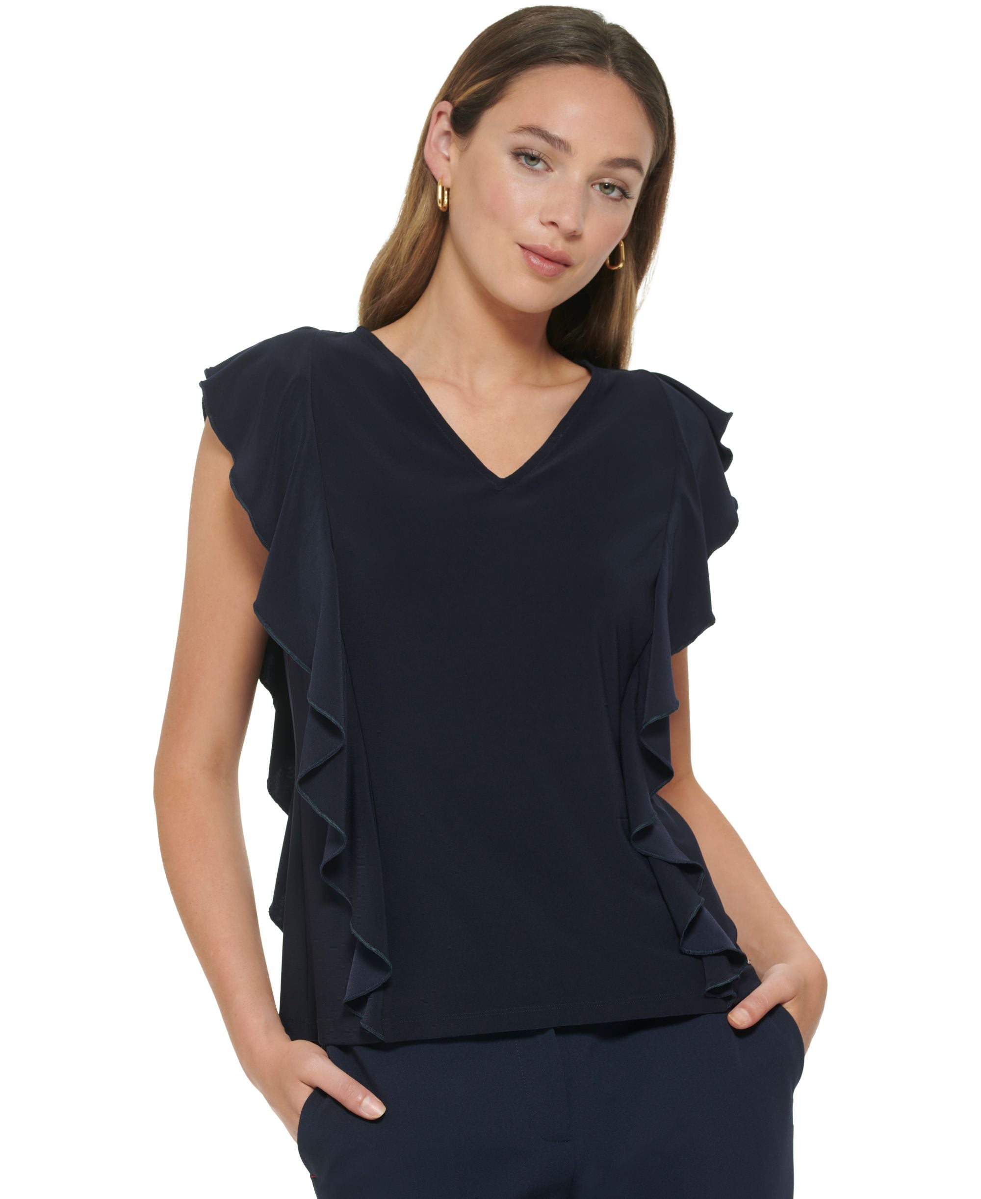Women's Ruffled-Side V-Neck Top