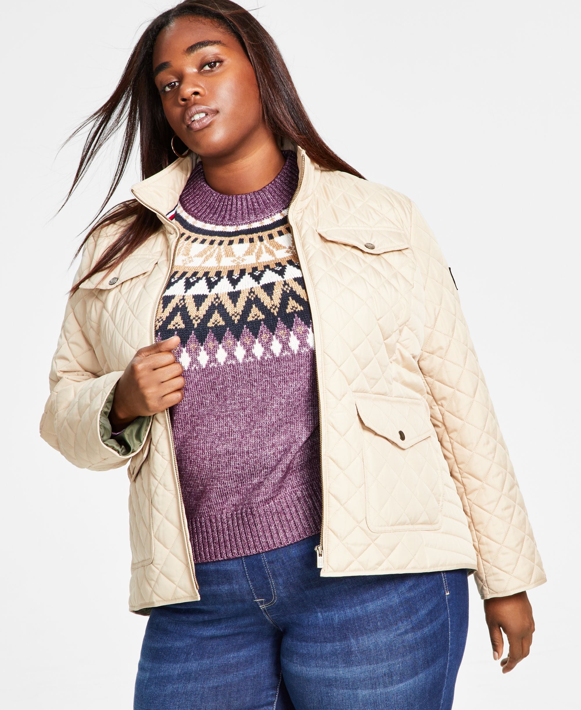 Plus Size Quilted Stand-Collar Jacket