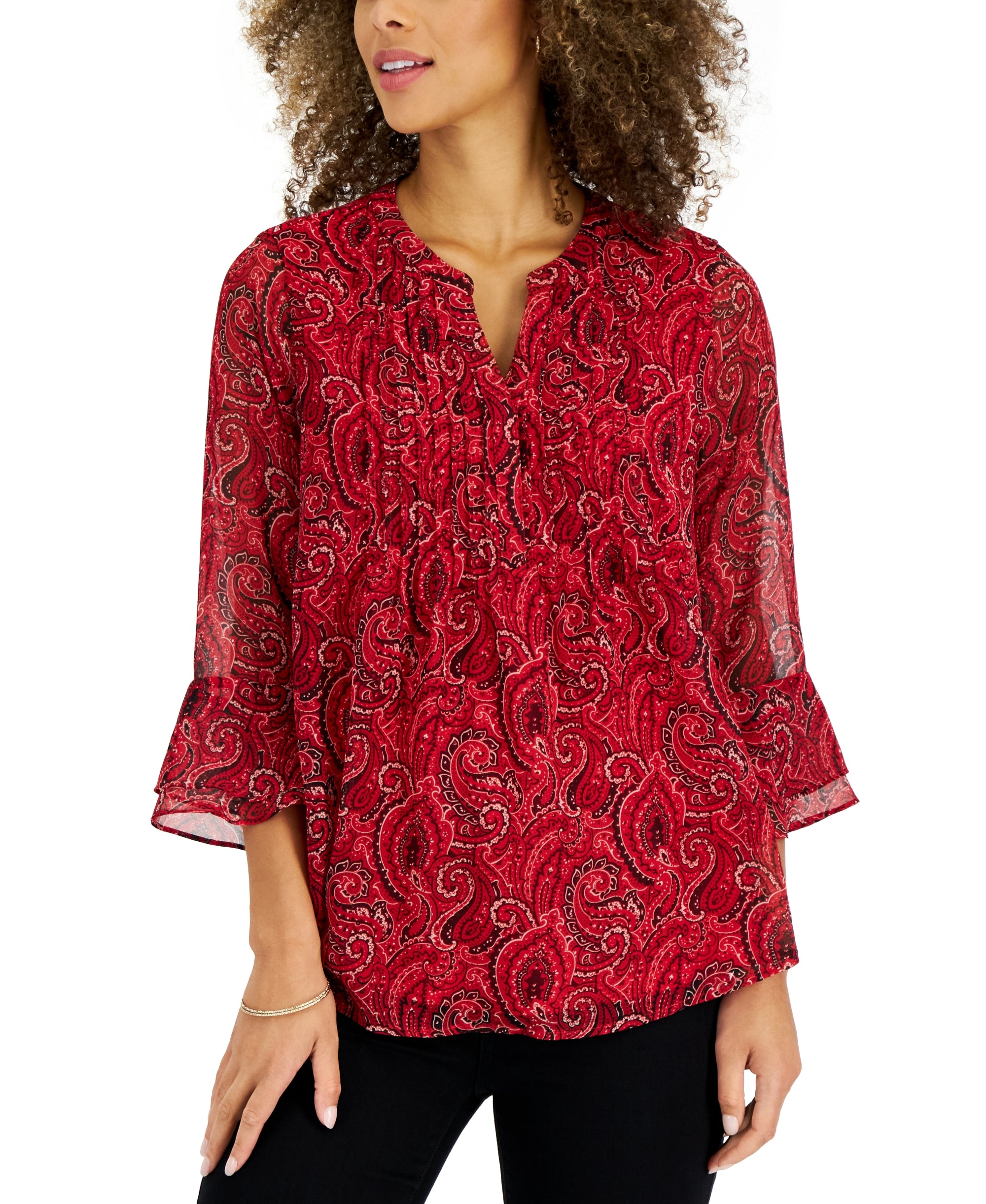 Petite Pleated Paisely Pintuck Top