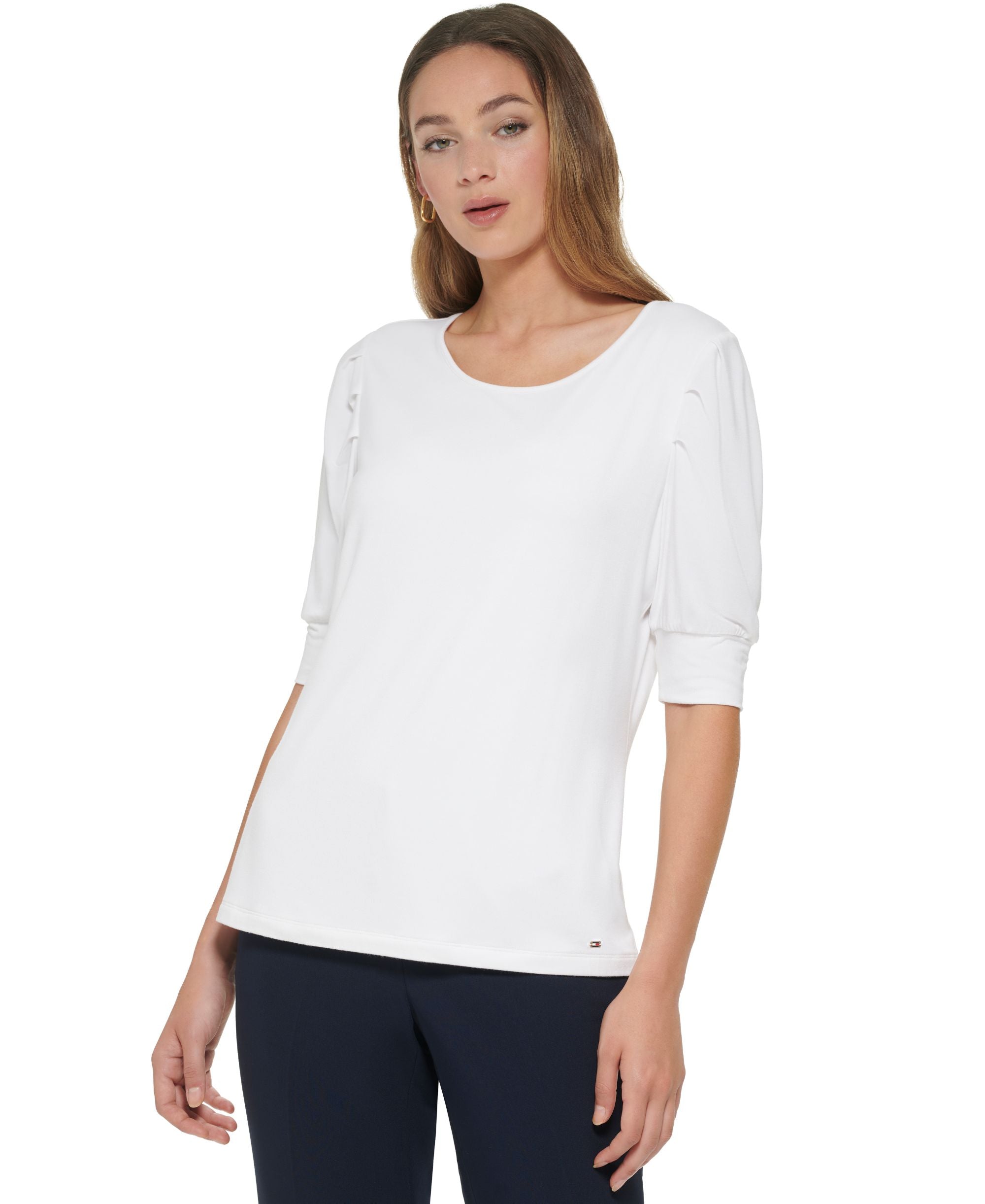 Tommy Hilfiger Womens Elbow Sleeve Pleated Shoulder Top