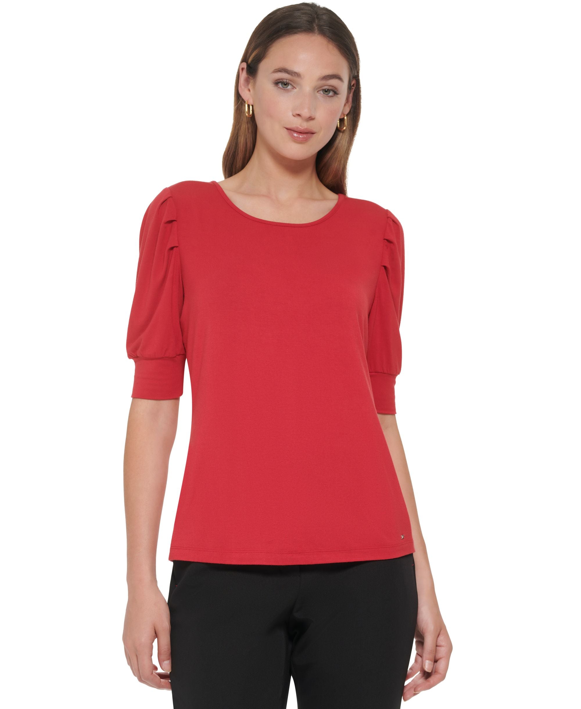 Tommy Hilfiger Womens Elbow Sleeve Pleated Shoulder Top
