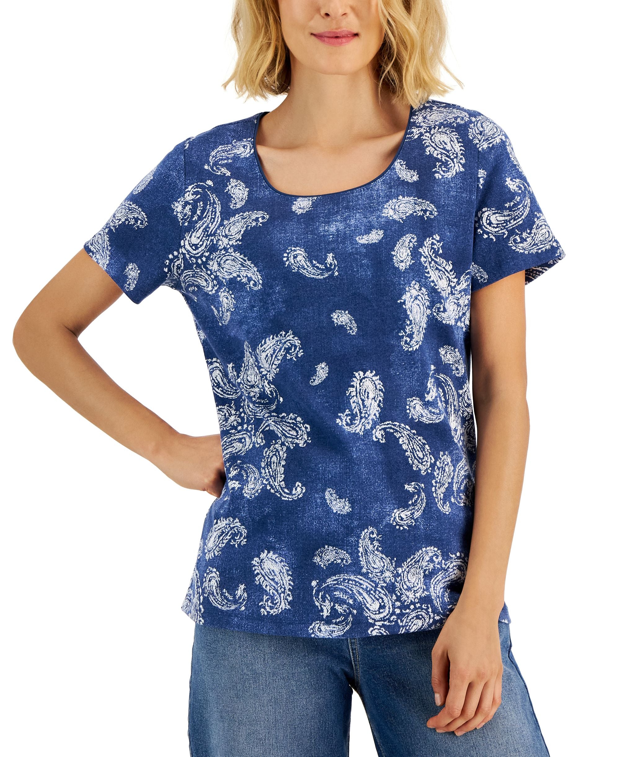 Karen Scott Womens Paisley Print Relaxed Scoop Neck Top