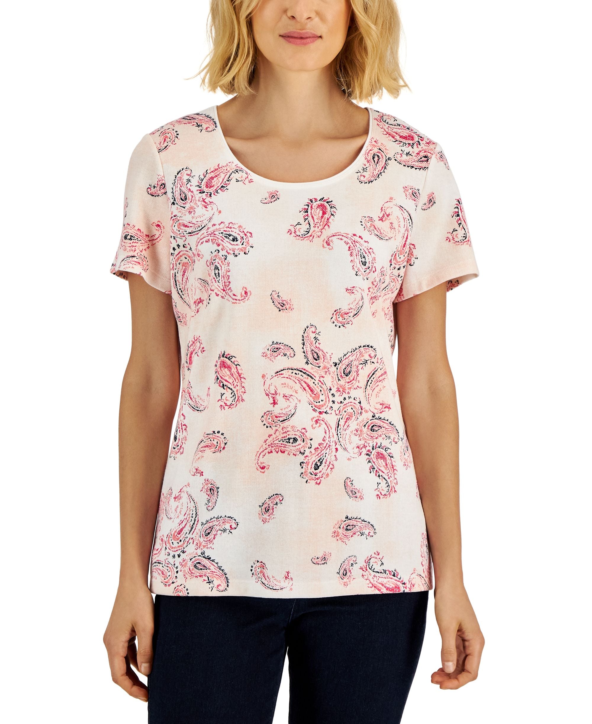 Karen Scott Womens Paisley Print Relaxed Scoop Neck Top