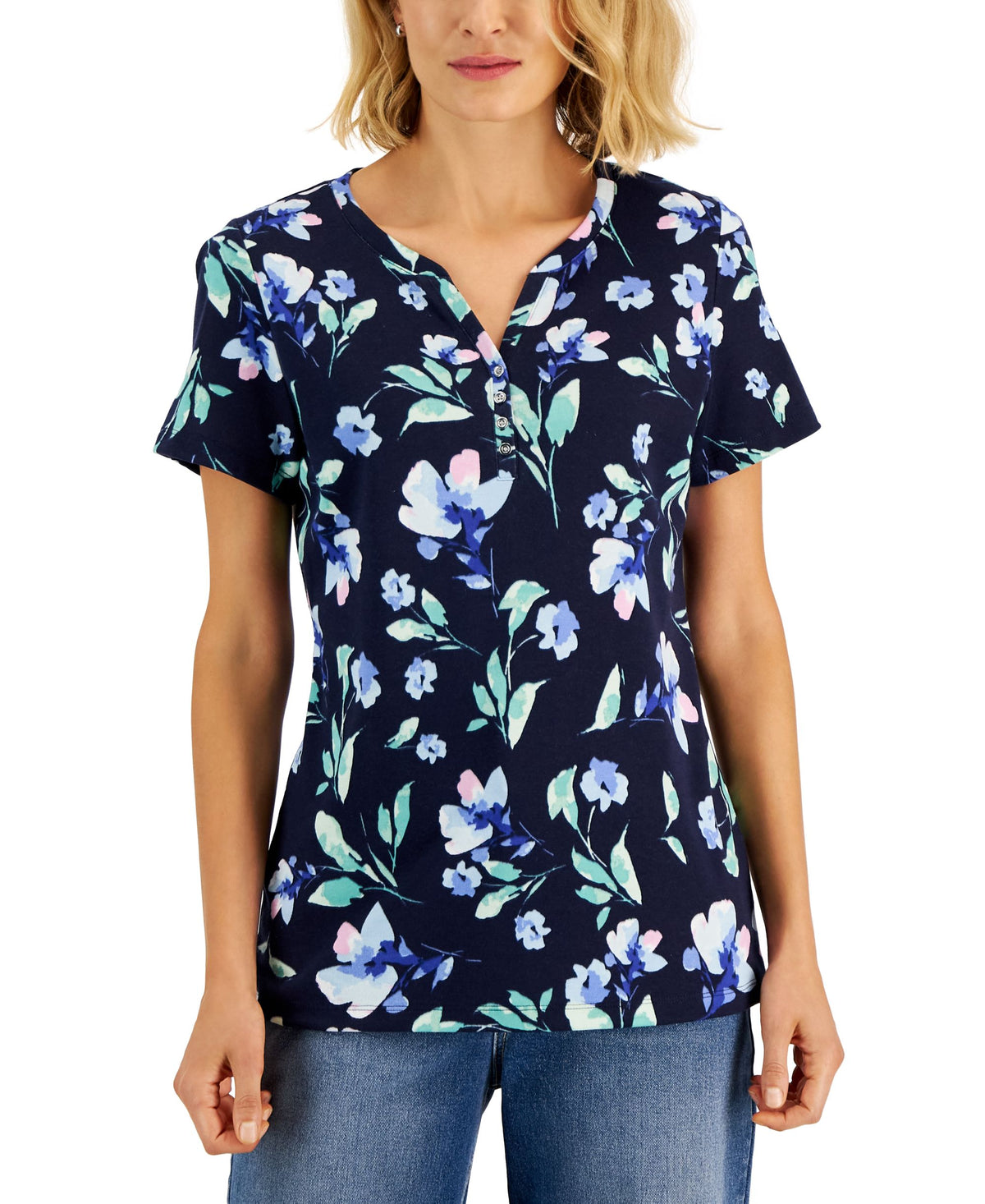 Karen Scott Womens Floral Print Relaxed Henley Top