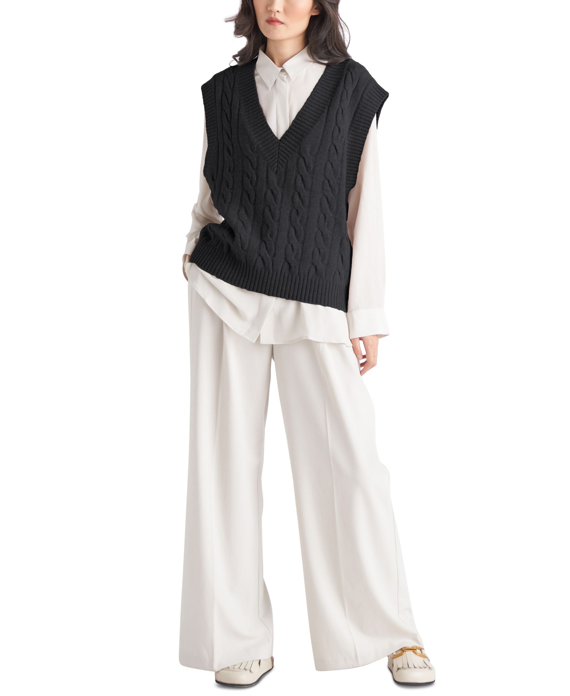 Black Tape Womens Sleeveless Cable Knit Sweater Vest