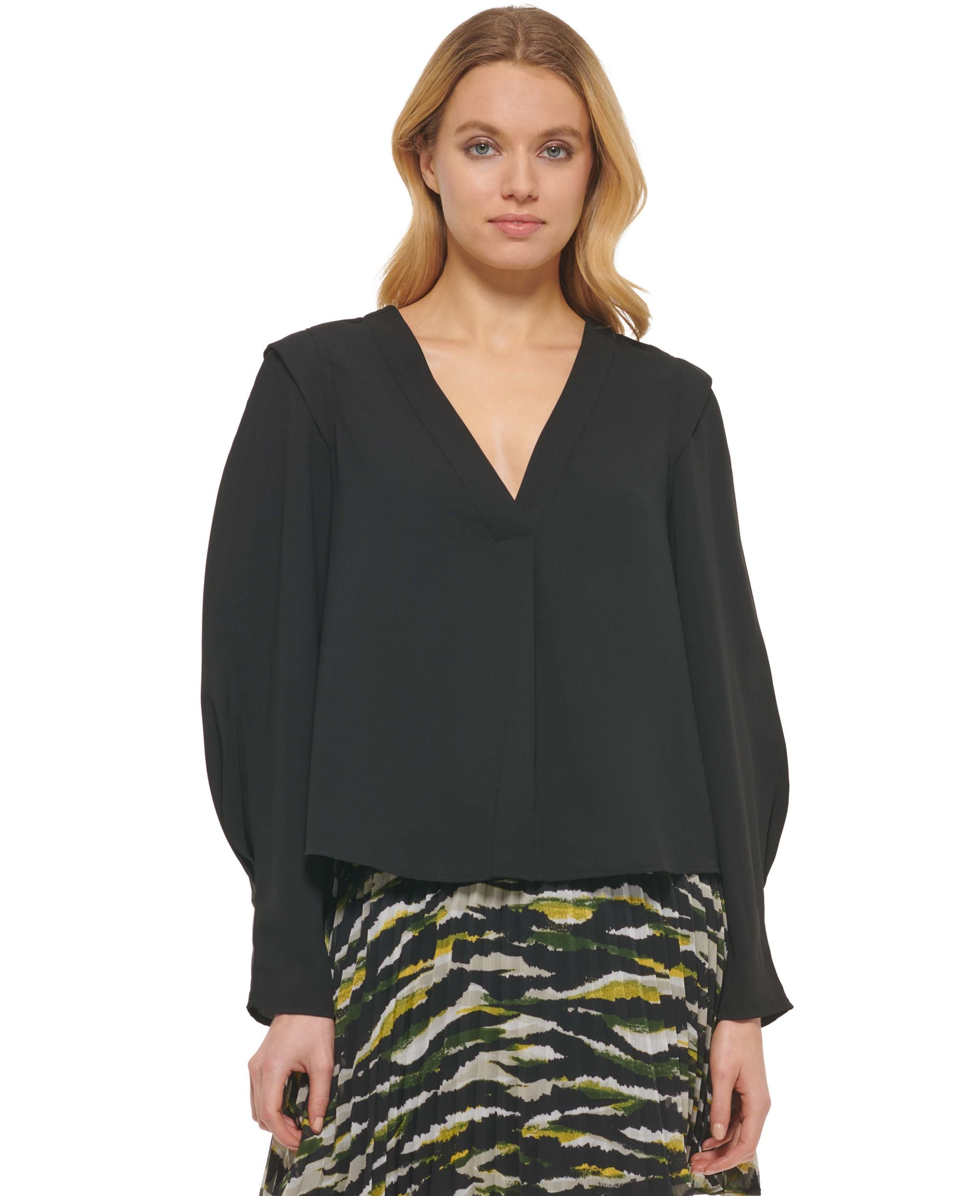 DKNY Womens V Neck Balloon Sleeve Top