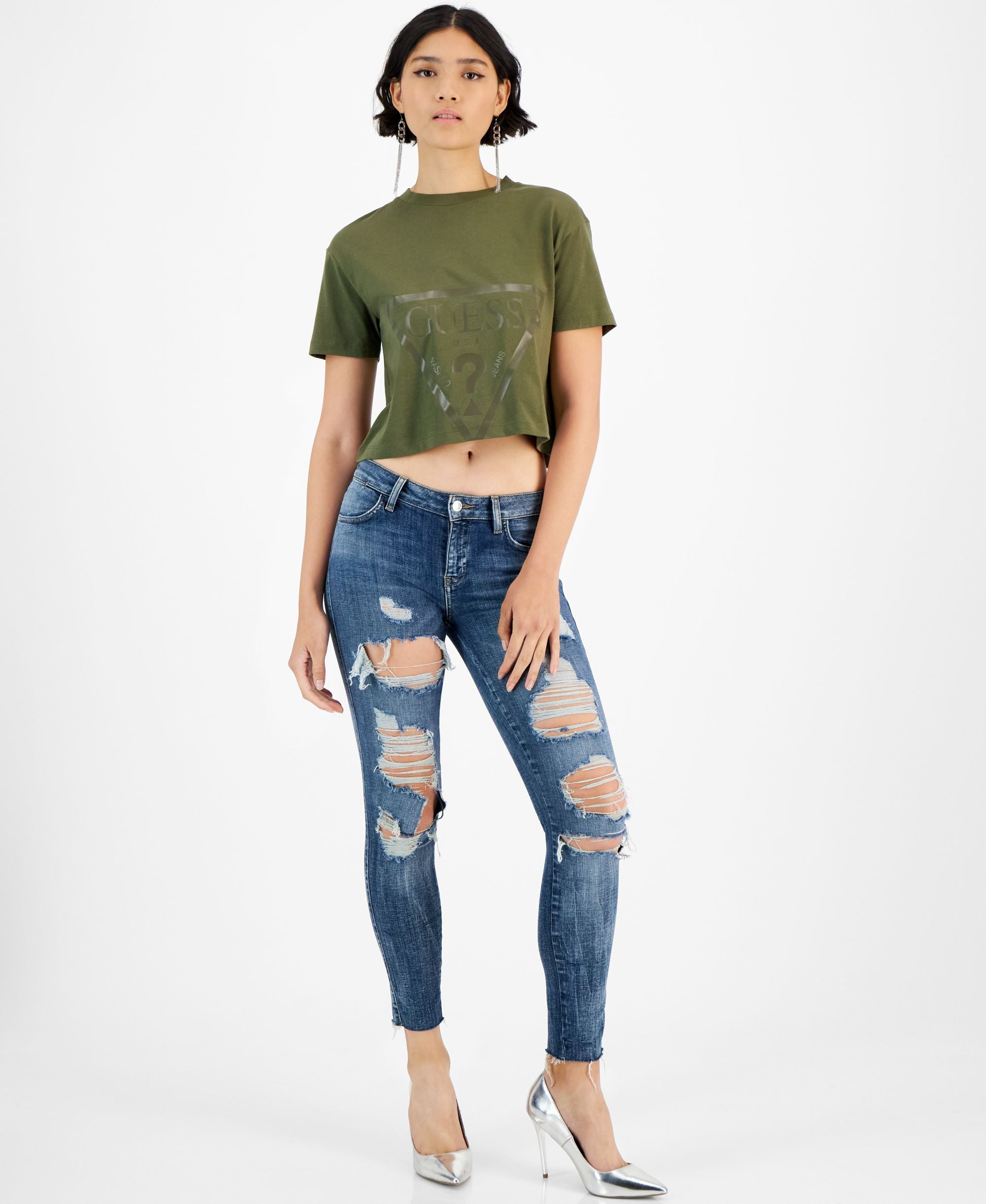 Guess Womens Adele Cropped Crewneck Short Sleeve Logo T-Shirt