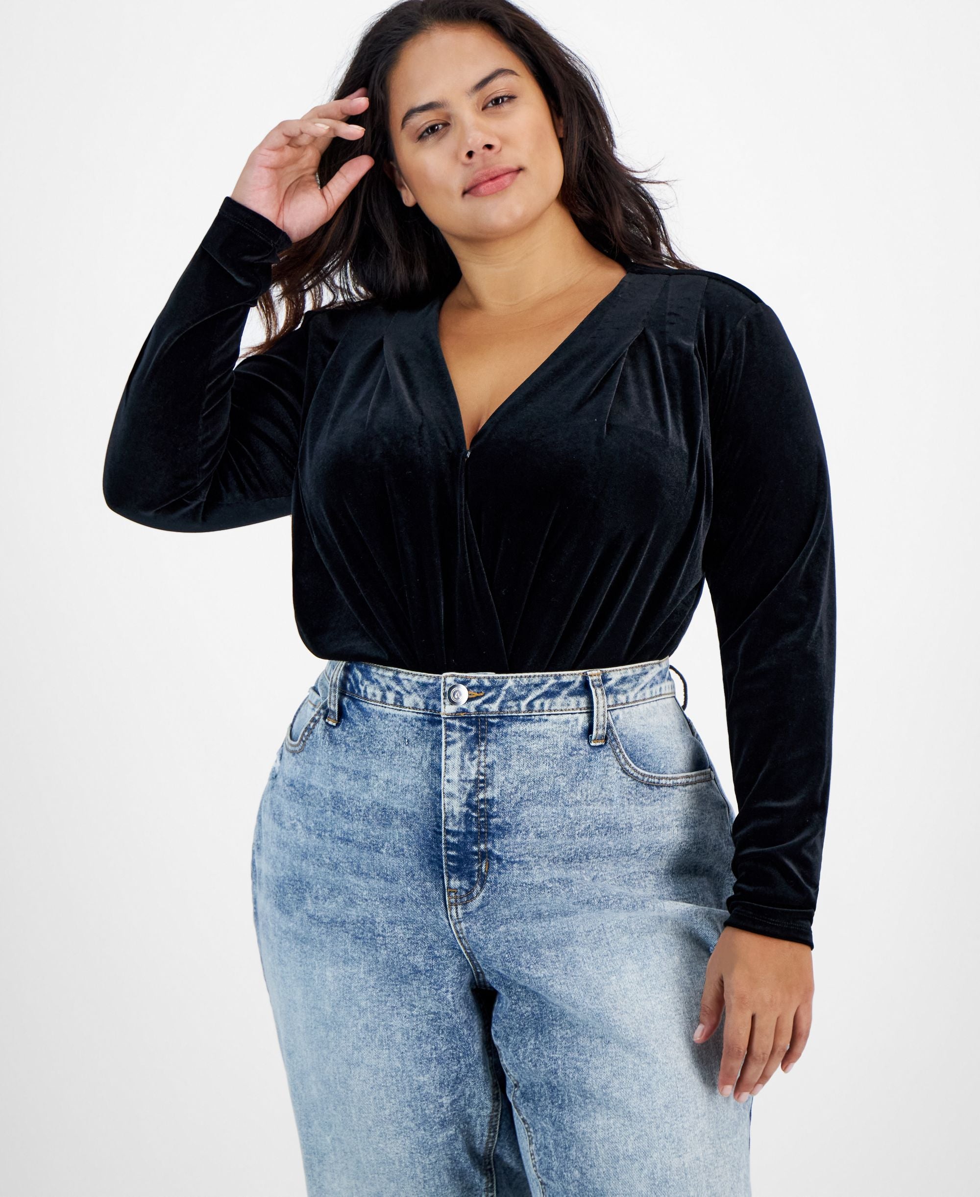 Now This Trendy Plus Size Velvet Surplice Bodysuit