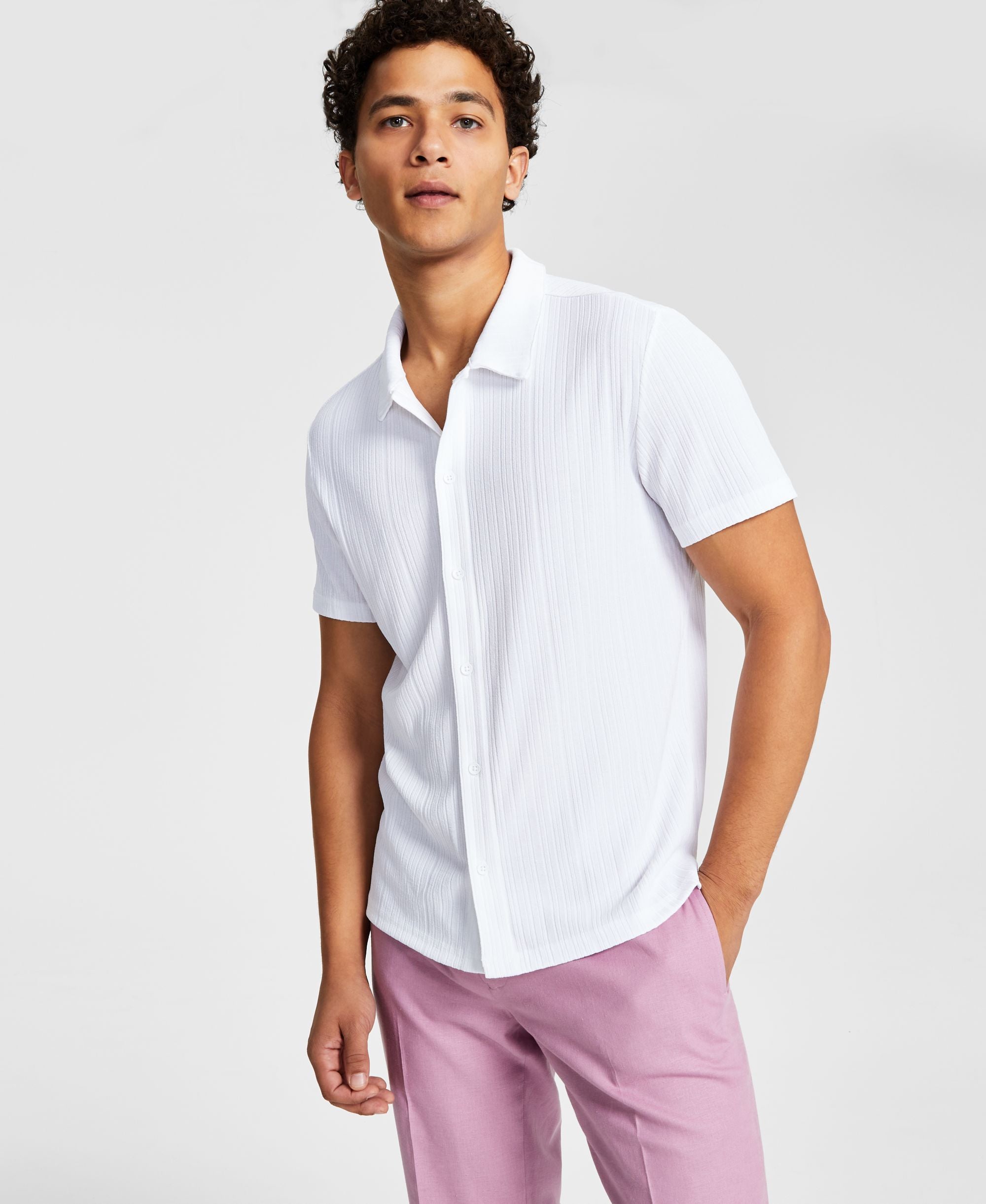 INC International Concepts Mens Rib Knit Button Up Short Sleeve Shirt