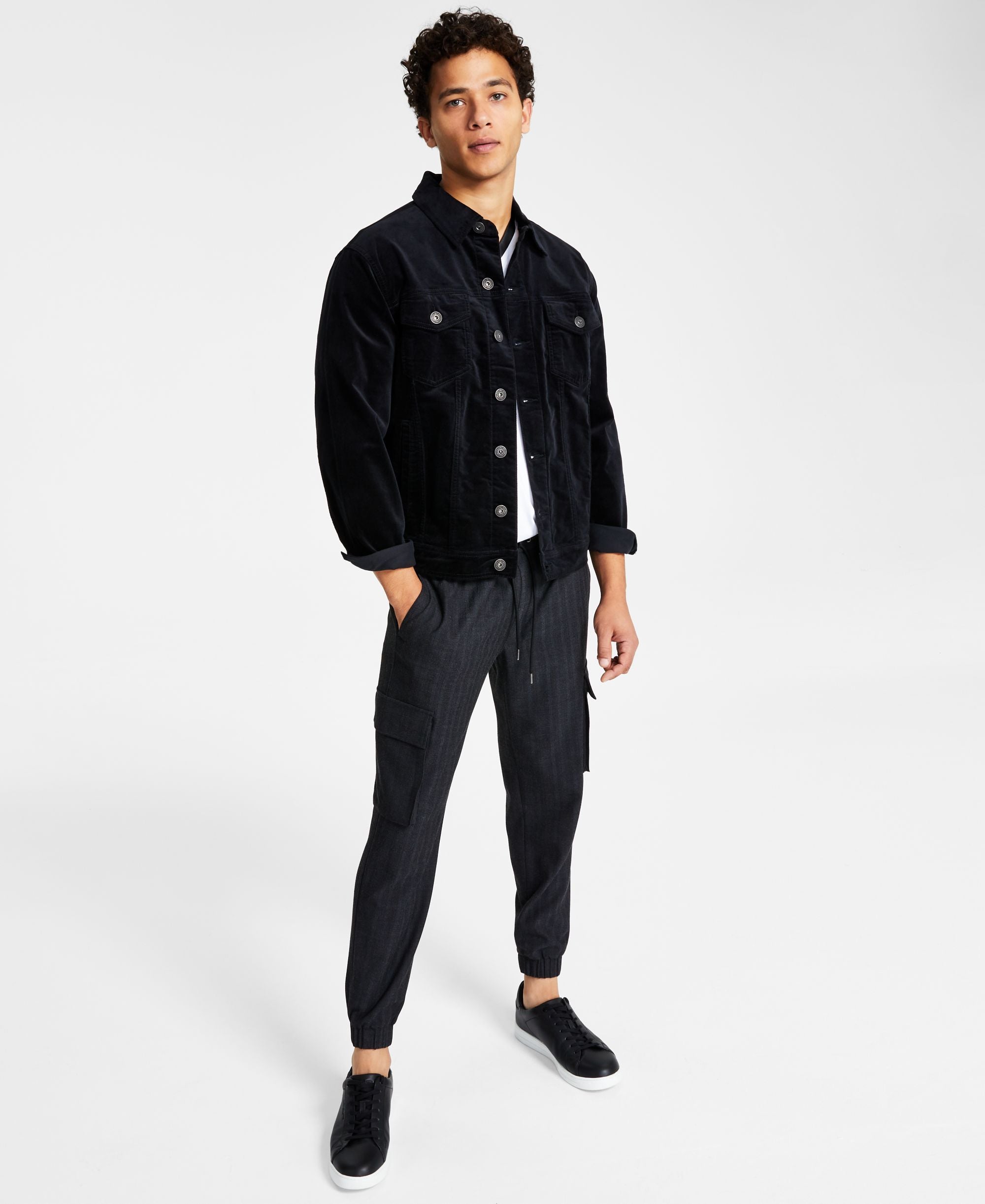 INC International Concepts Mens Classic Fit Solid Velvet Trucker Jacket