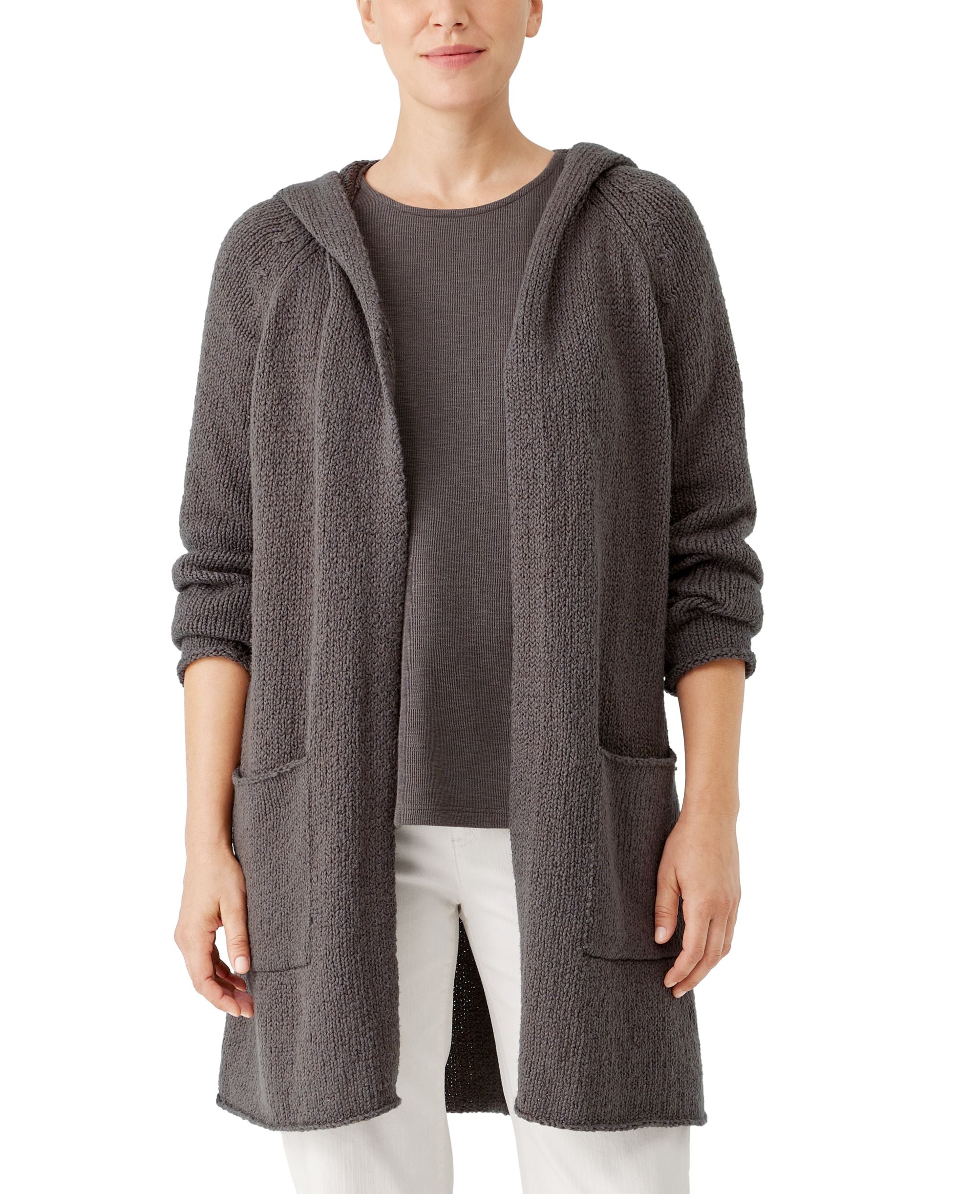 Eileen Fisher Womens Hooded Long Cotton Cardigan