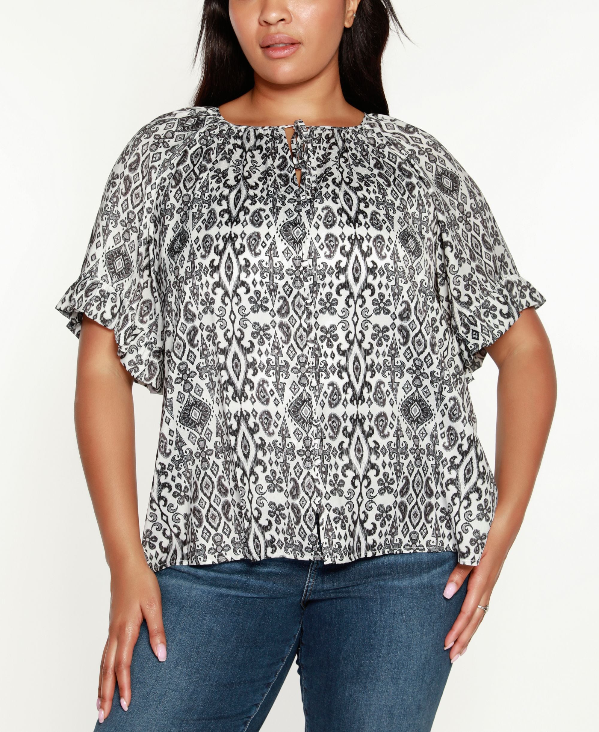 Belldini Black Label Plus Size Ikat Printed Short Sleeve Top