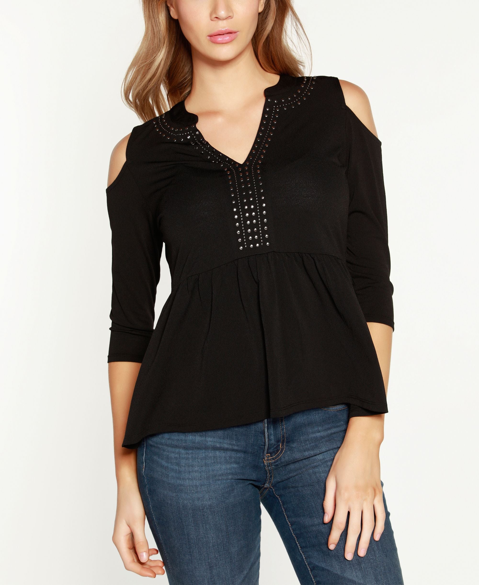 Belldini Black Label Petite Cold Shoulder Split Neck Peplum Top