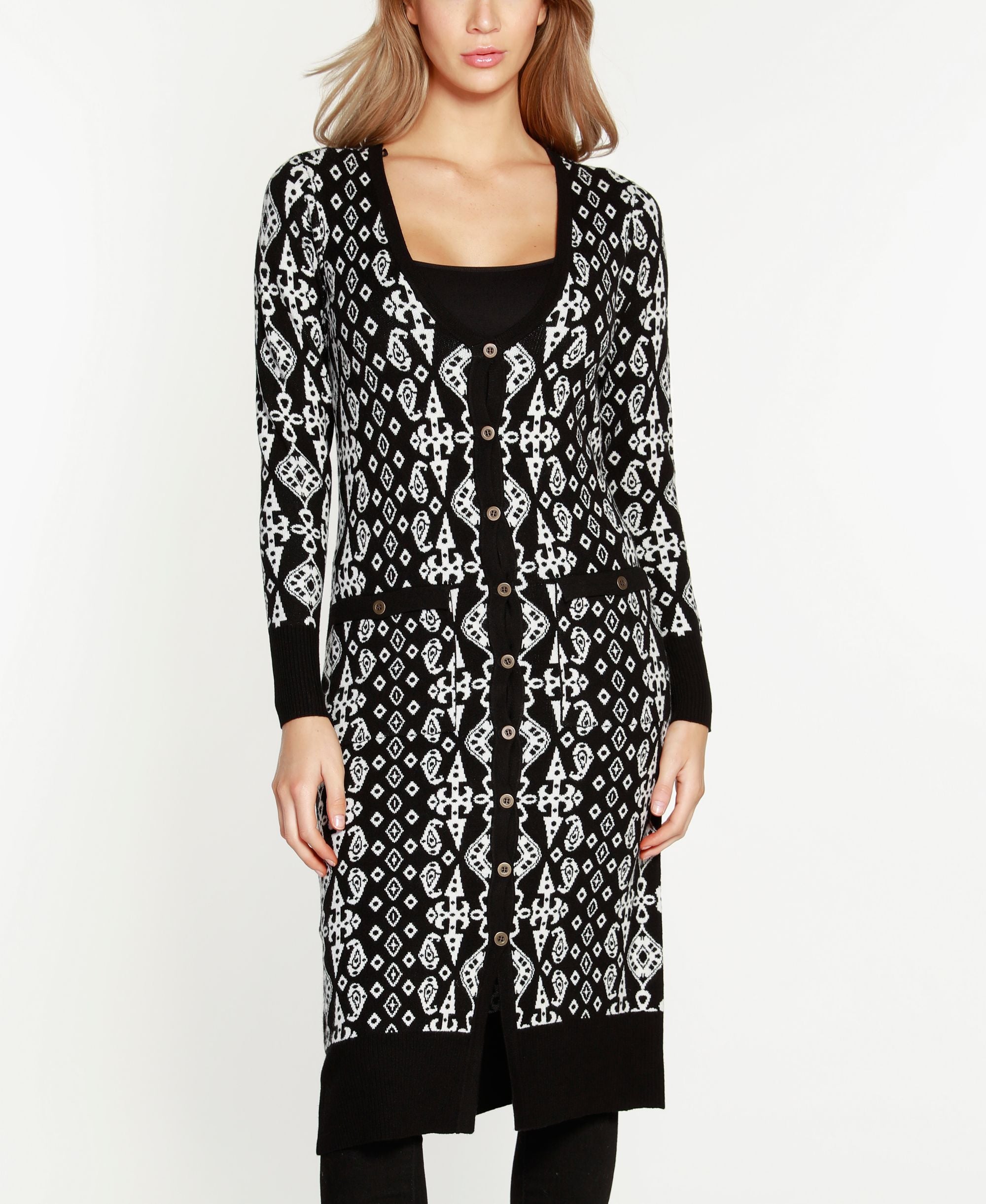 Belldini Black Label Petite Jacquard Button Front Duster Sweater