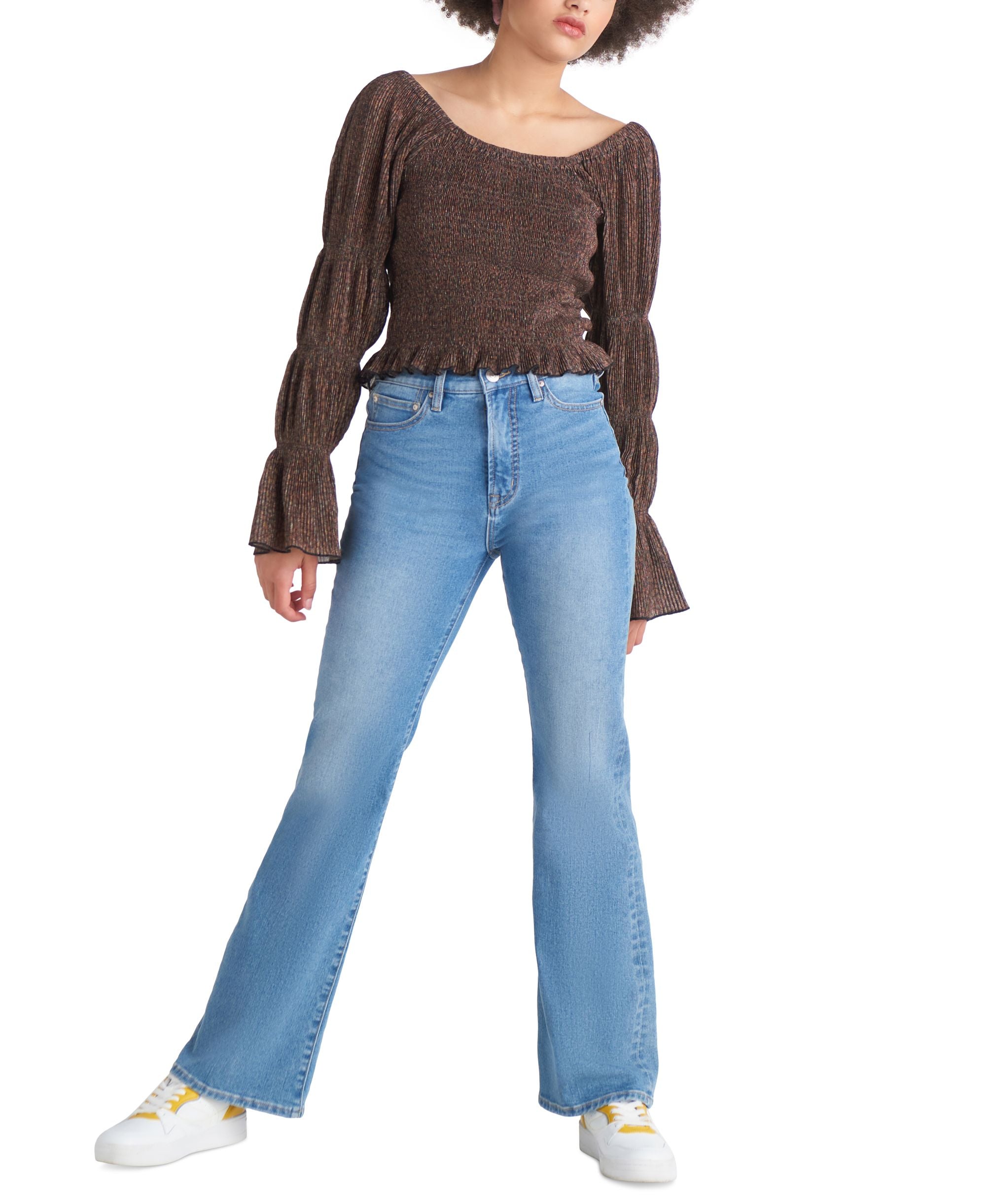 Black Tape Womens Puff Sleeve Ruffle Hem Plisse Top
