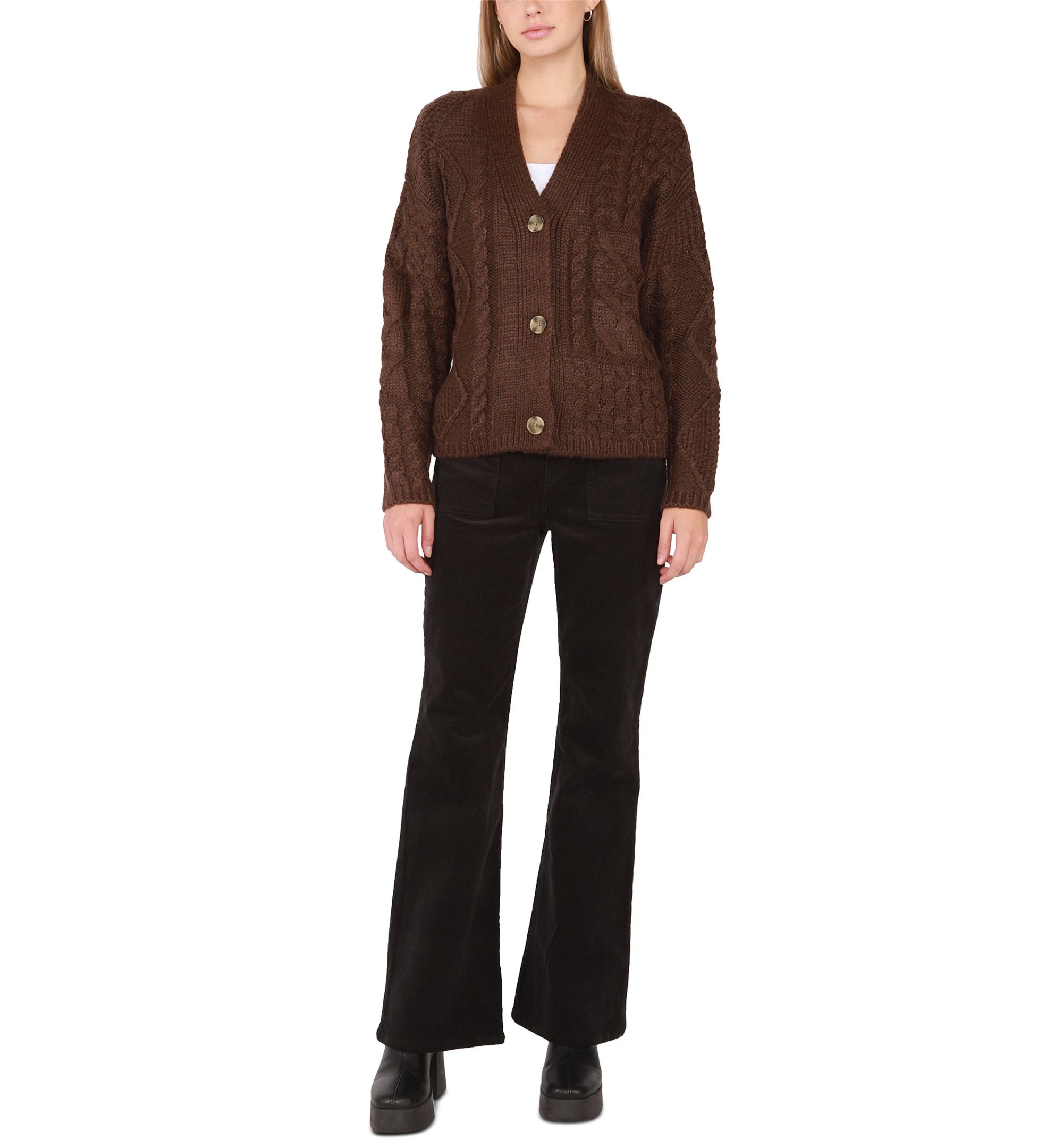 Black Tape Womens Button Up Patchwork Cable Knit Cardigan