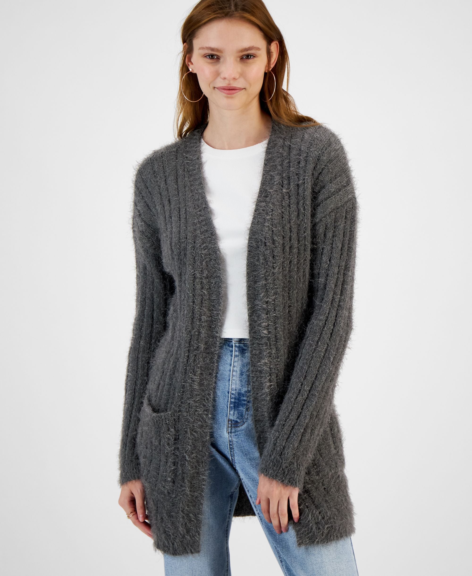 Juniors' Eyelash-Texture Open-Front Cardigan