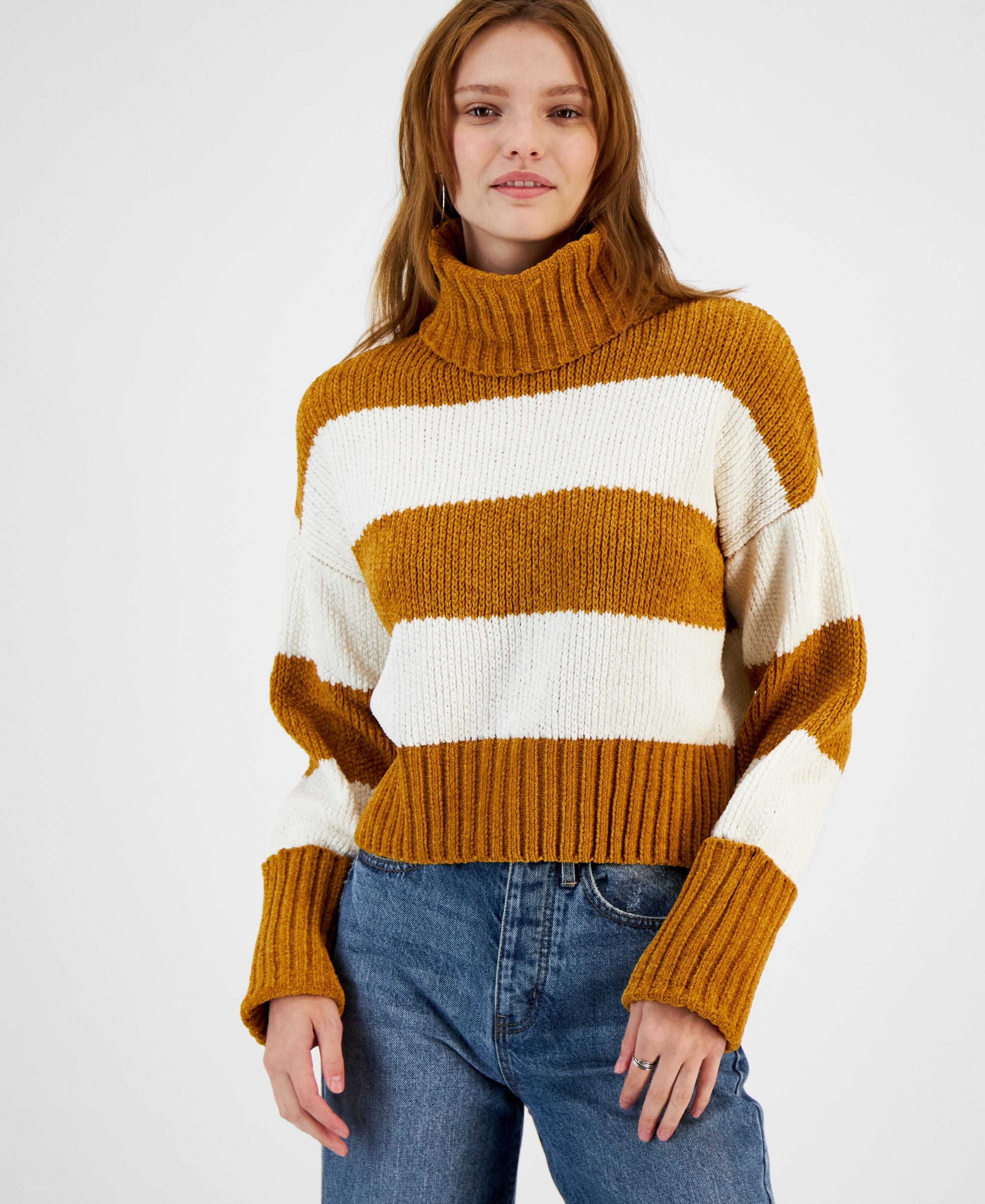 Juniors' Chenille Striped Turtleneck Sweater