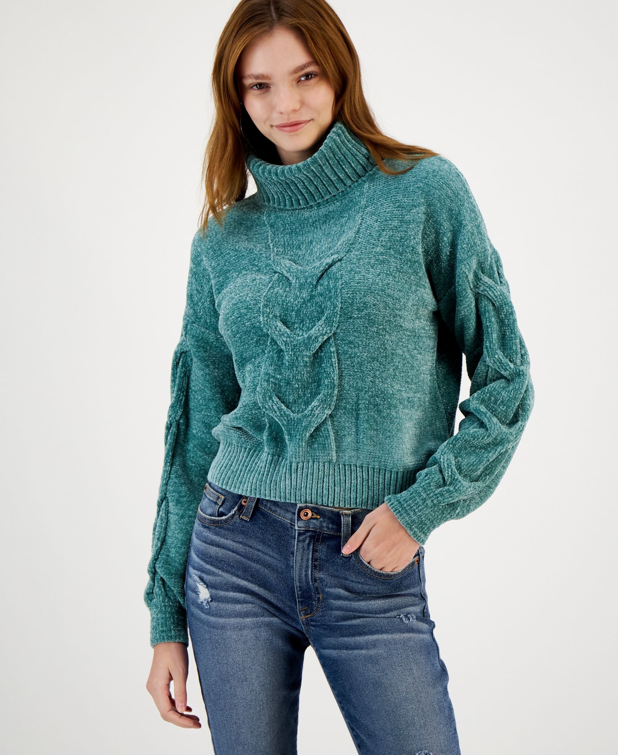 Juniors' Chenille Cable-Knit Turtleneck Sweater