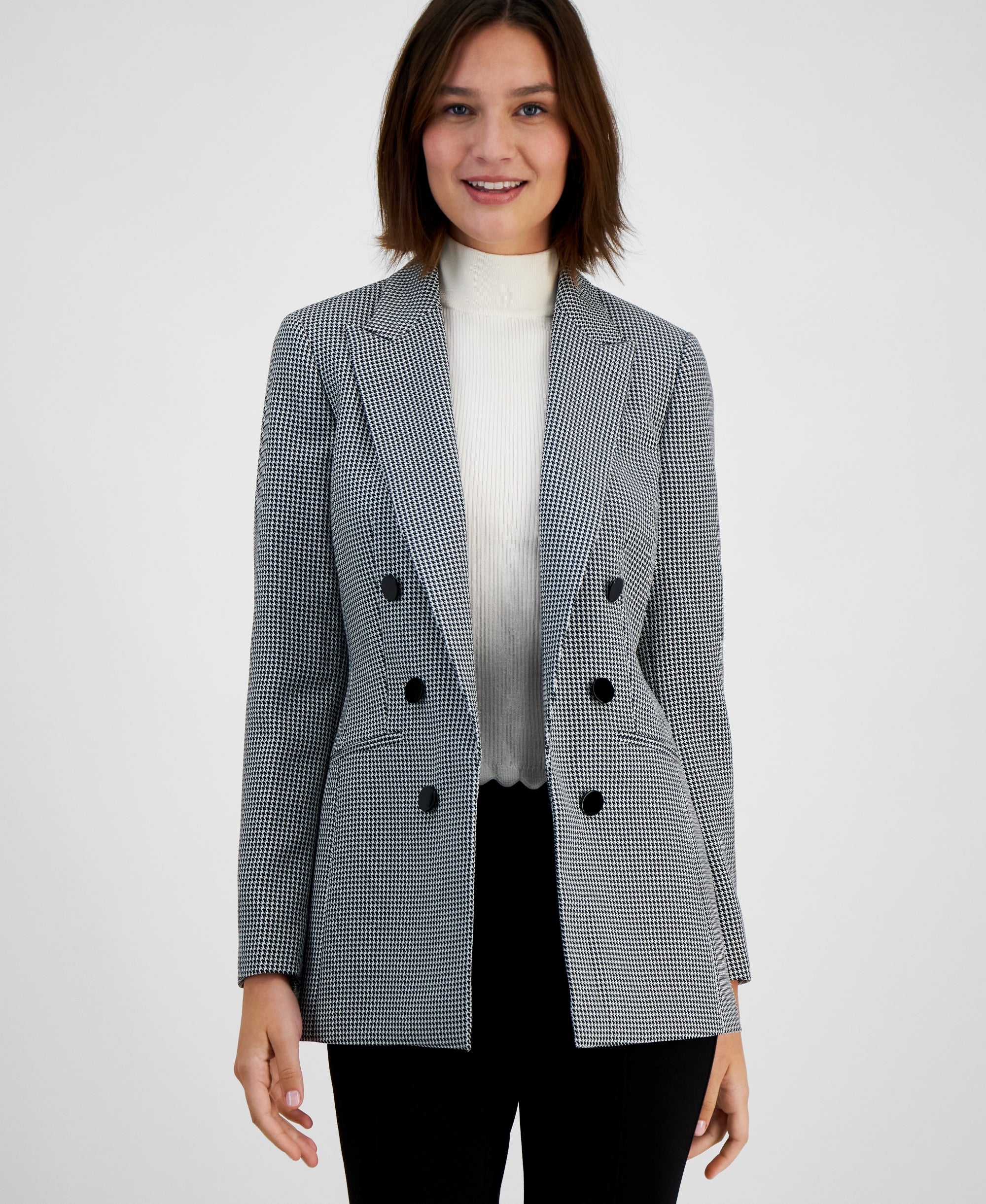 Women's Houndstooth Faux-Double-Breasted Jacket Black/White Multi M