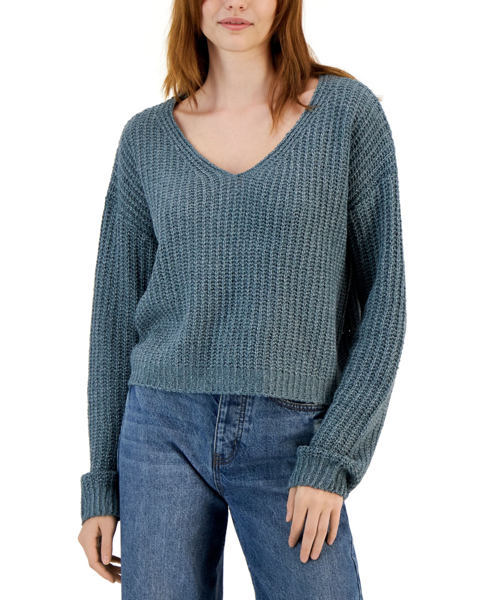 Juniors' Drop-Shoulder V-Neck Sweater