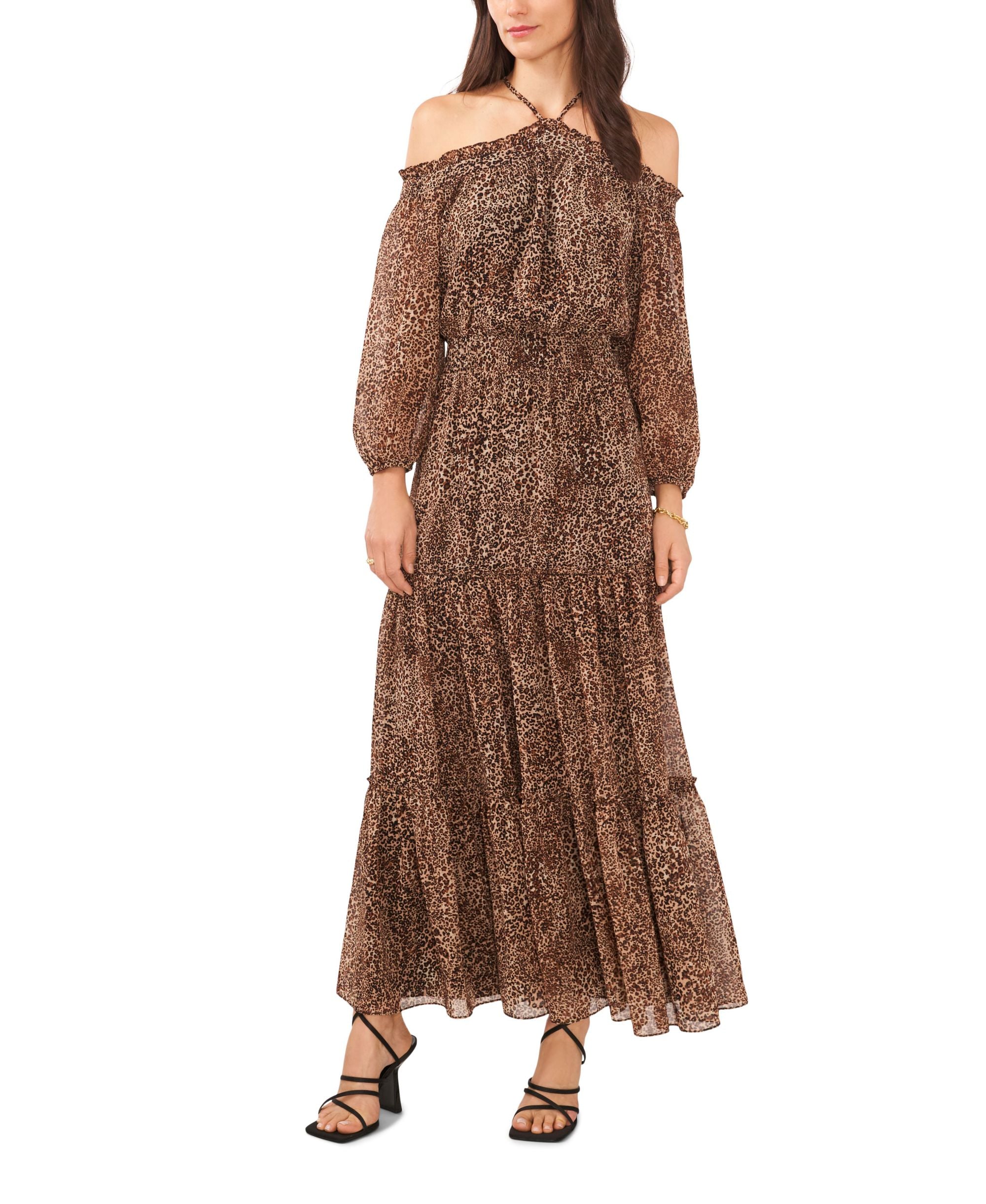 Women's Smocked Waist Long Sleeve Halter Maxi Dress