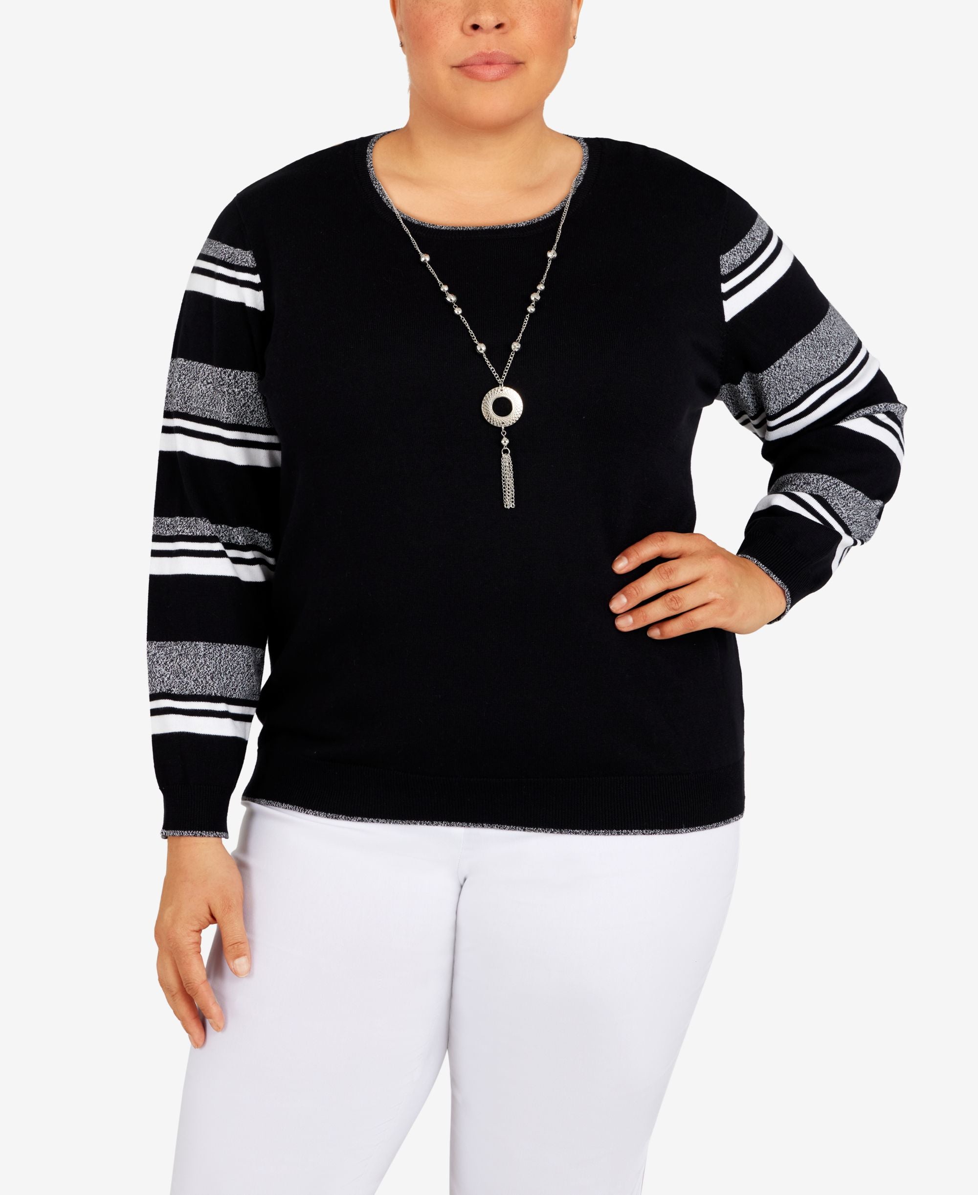 Alfred Dunner Plus Size Classics Striped Sleeve Sweater