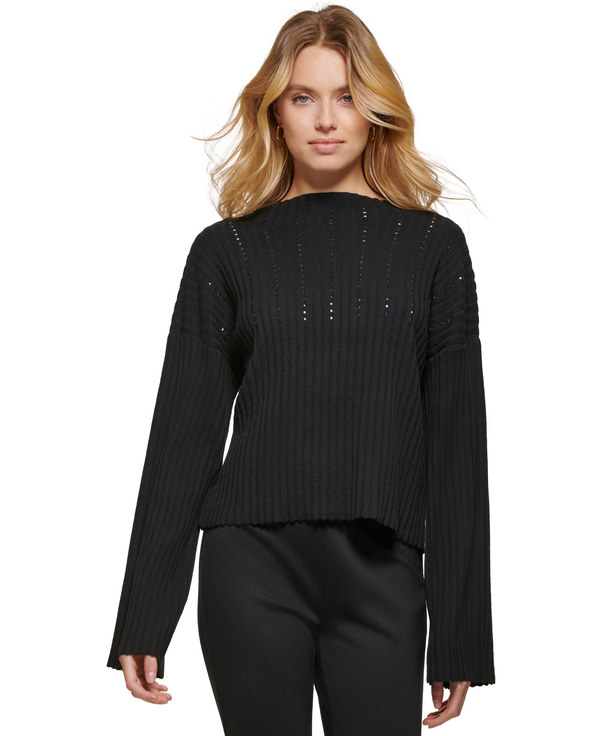 DKNY Womens Studded Front Cowlneck Long Sleeve Sweater