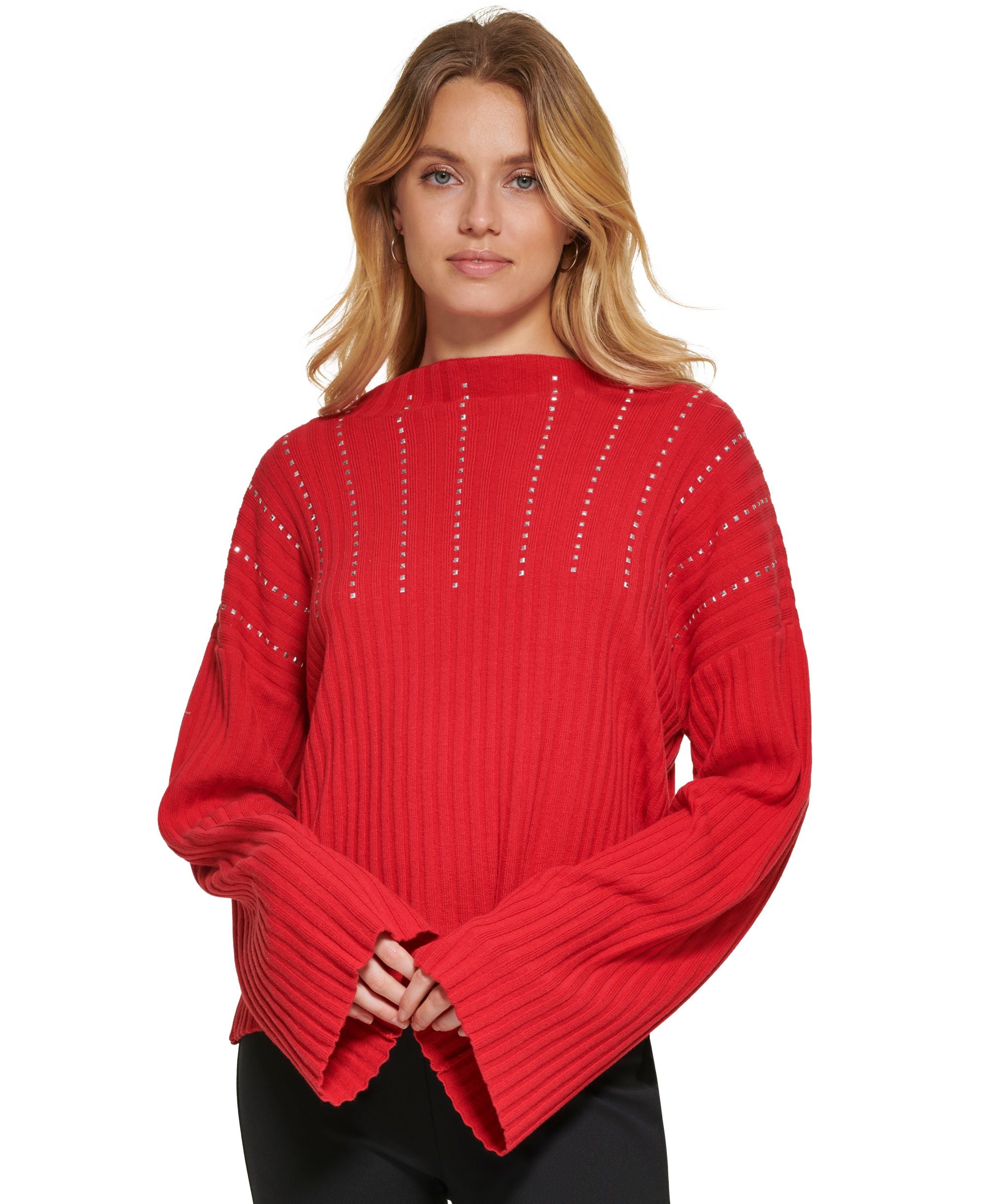 DKNY Womens Studded Front Cowlneck Long Sleeve Sweater