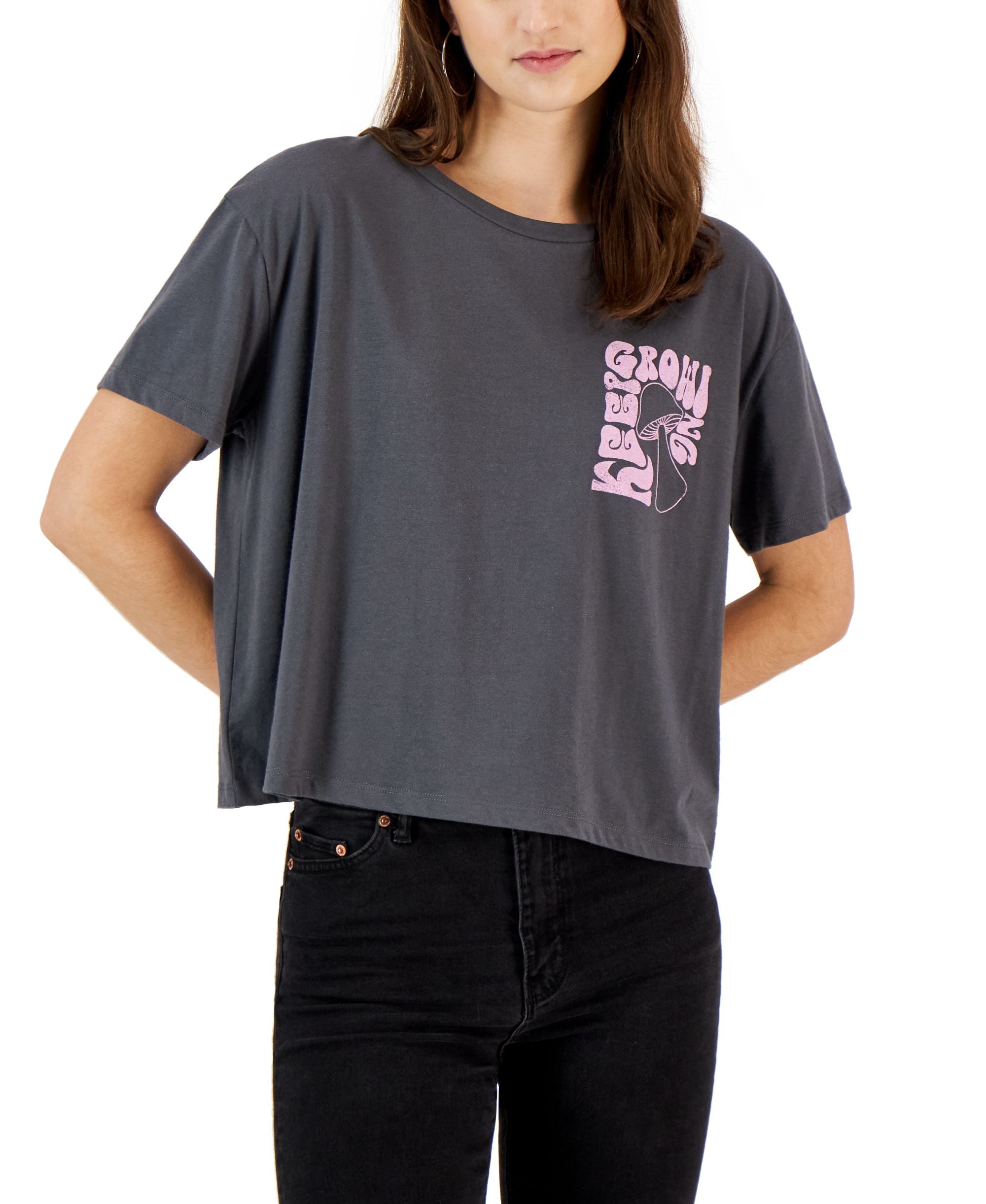Juniors' Checker Mushroom Graphic T-Shirt
