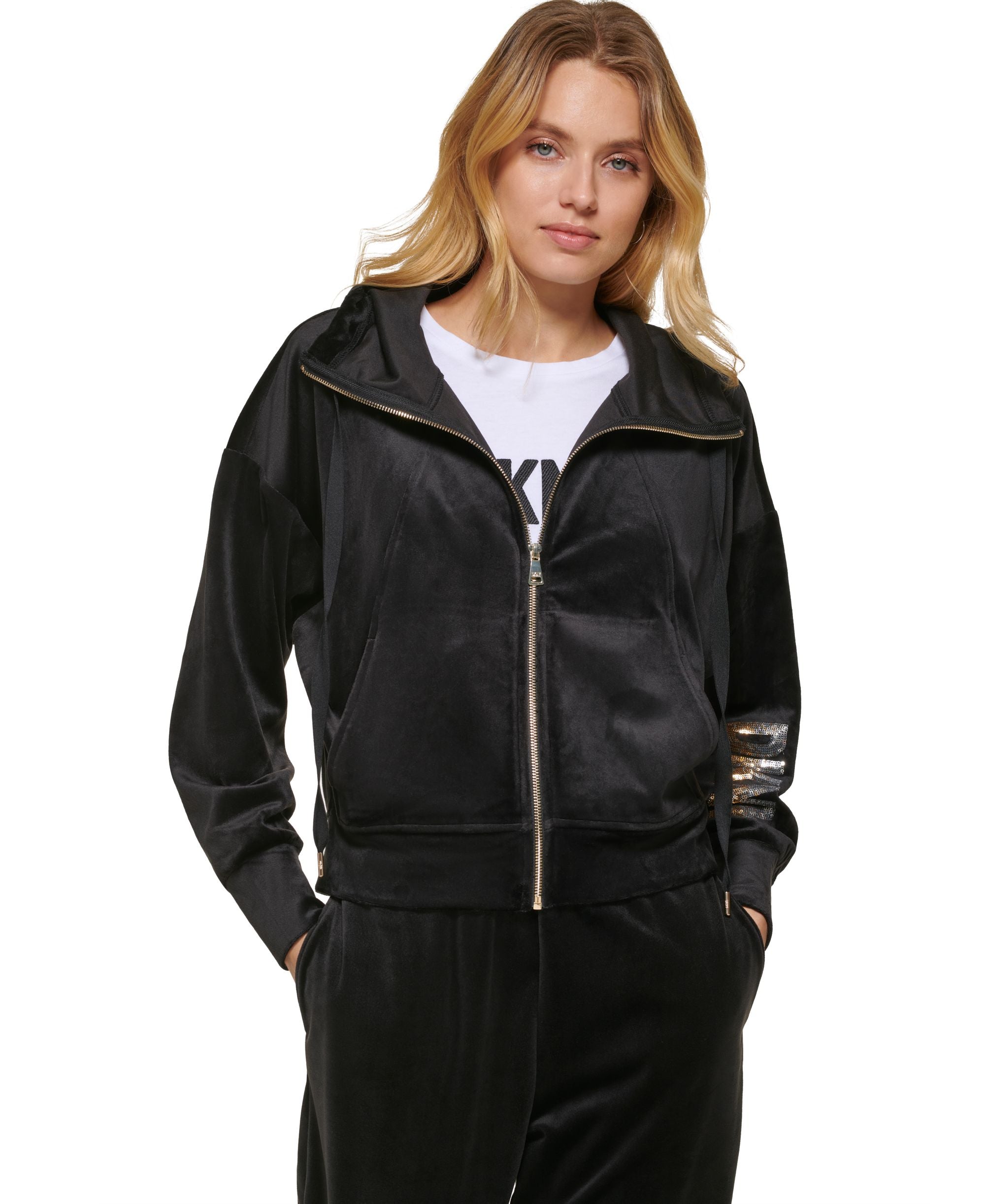 Women's Sequined-Sleeve Zip-Front Hooded Jacket