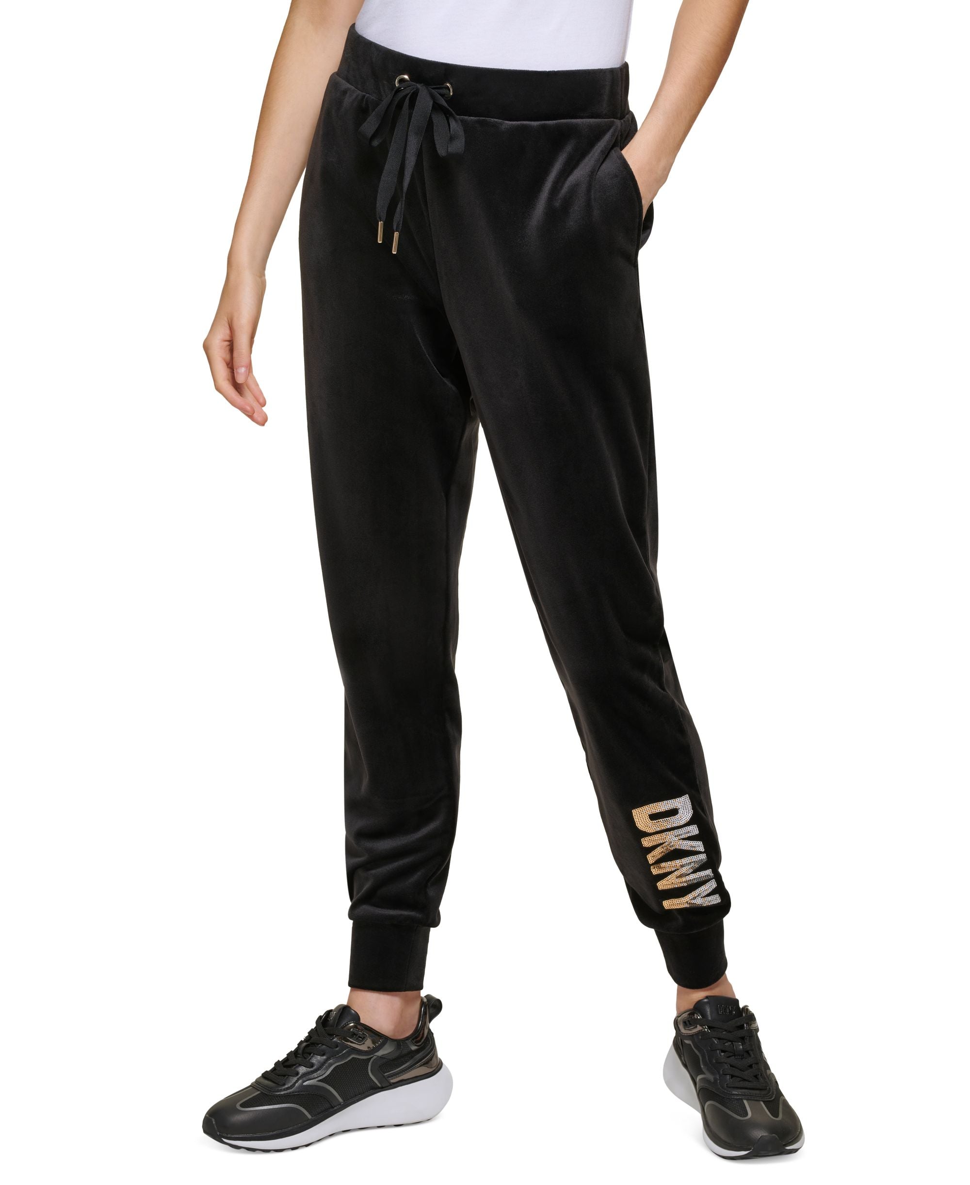 Women's Velour Sequined-Logo Tie-Waist Pants