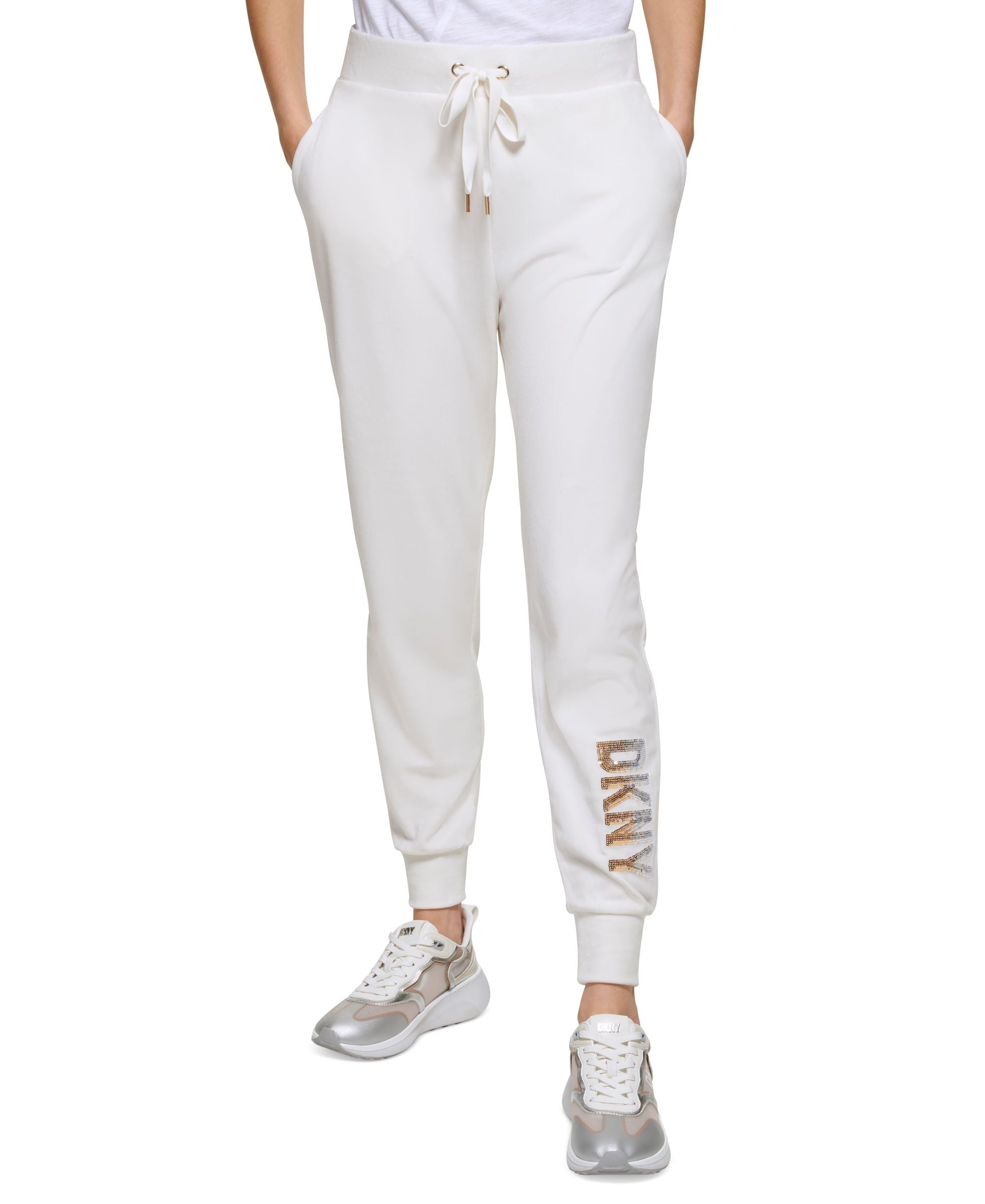 Women's Velour Sequined-Logo Tie-Waist Pants