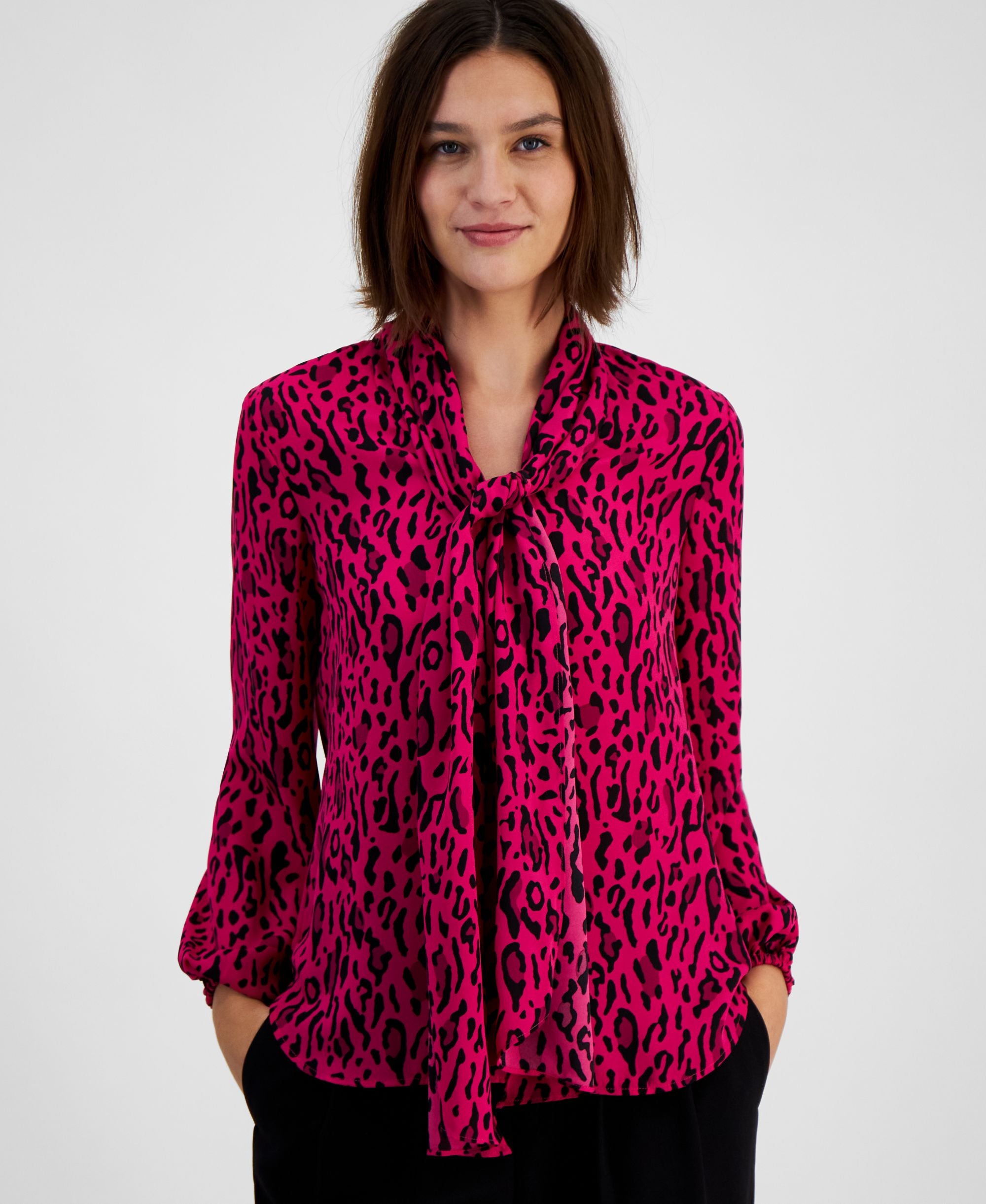 Women's Printed Tie-Neck Long-Sleeve Top