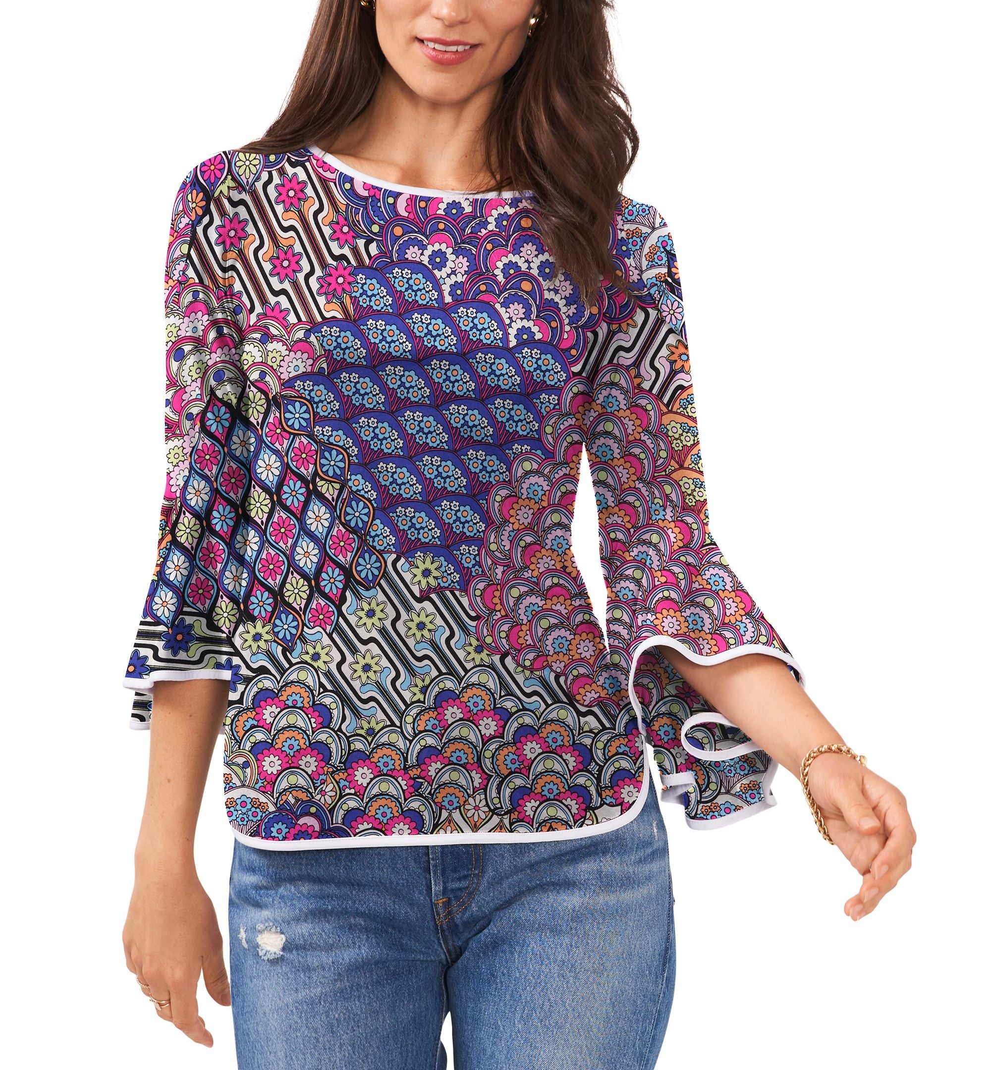 Petite Contrast-Trim Bell-Sleeve Top