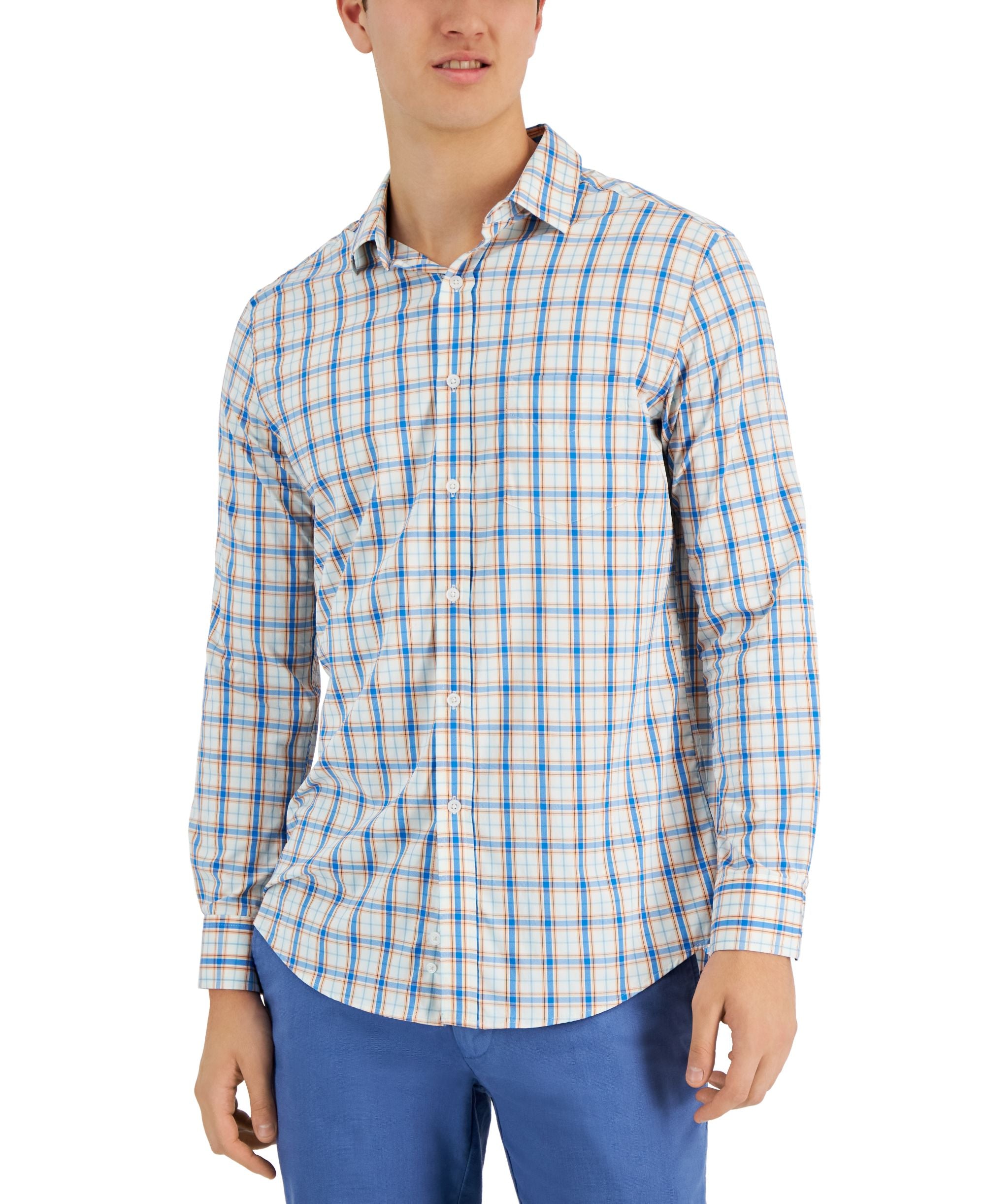 Club Room Mens Plaid Tech Woven Button Up Shirt